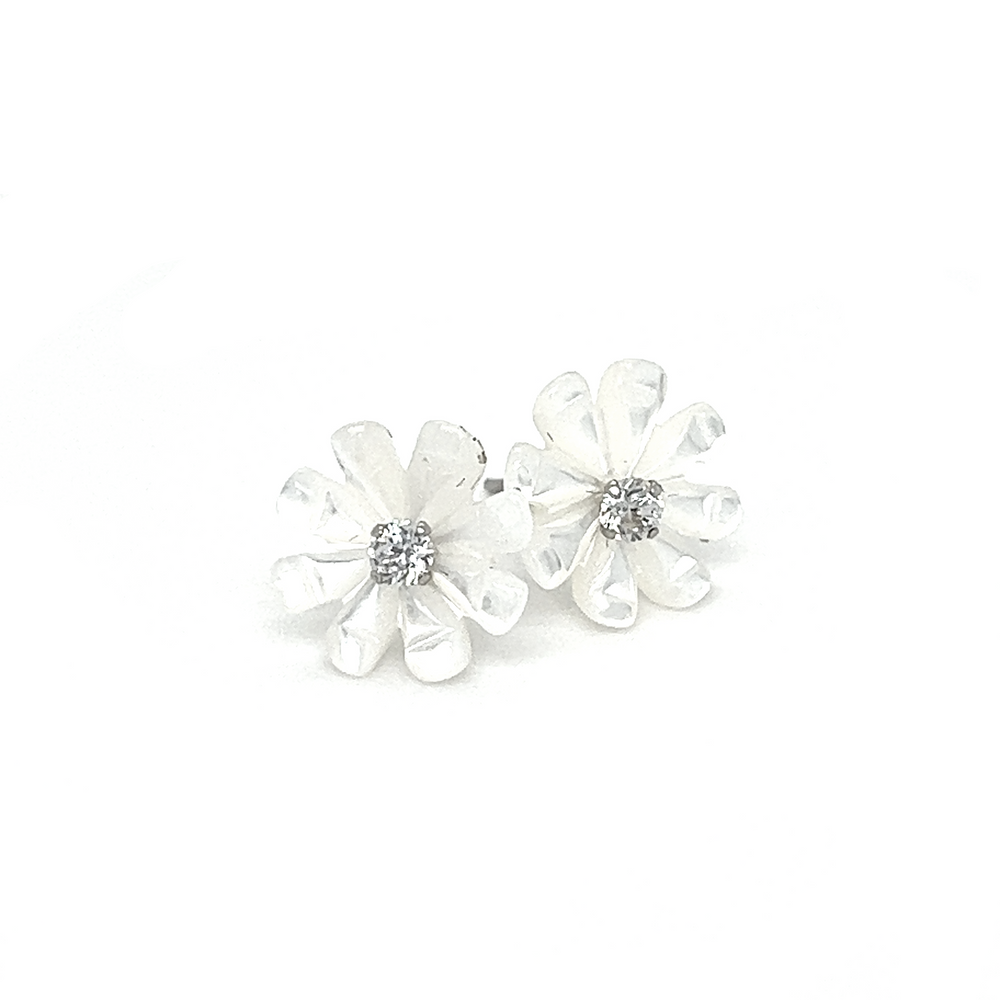 A pair of white Super Silver Mother of Pearl Flower with Cubic Zirconia Center stud earrings.