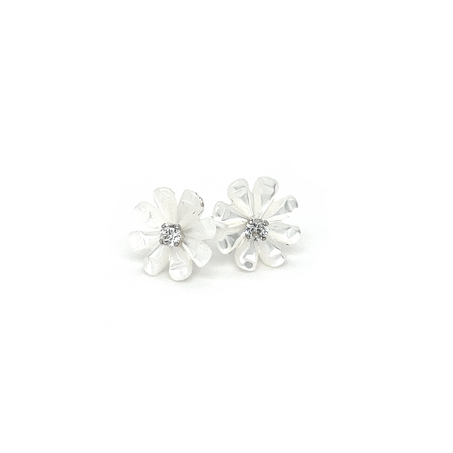 
                  
                    A pair of Super Silver Mother of Pearl Flower with Cubic Zirconia Center stud earrings.
                  
                