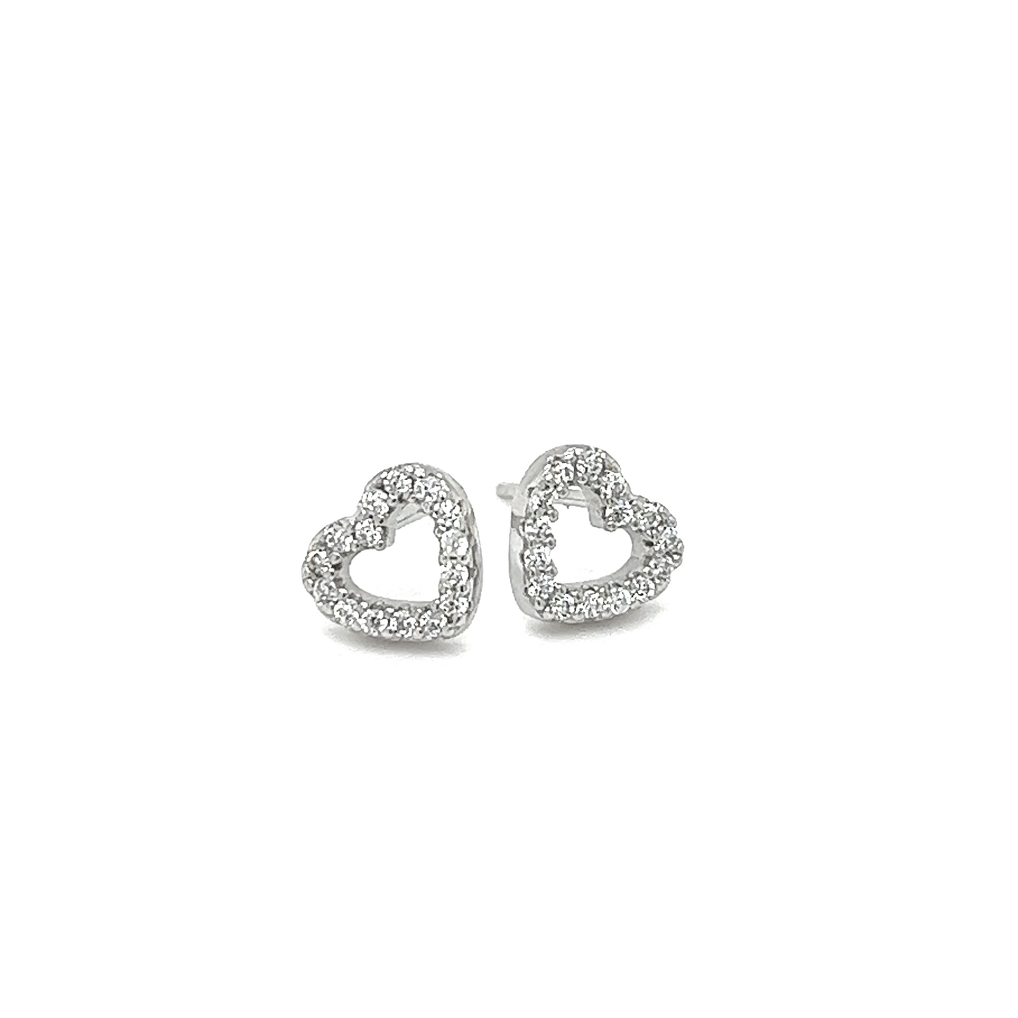 A pair of Super Silver Heart Outline Cubic Zirconia Stud earrings adorned with Cubic Zirconia on a white background.