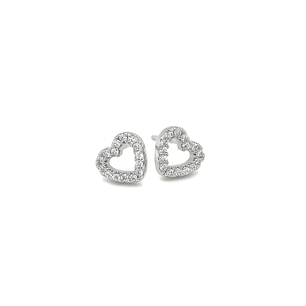 
                  
                    A pair of Super Silver Heart Outline Cubic Zirconia Studs on a white background.
                  
                