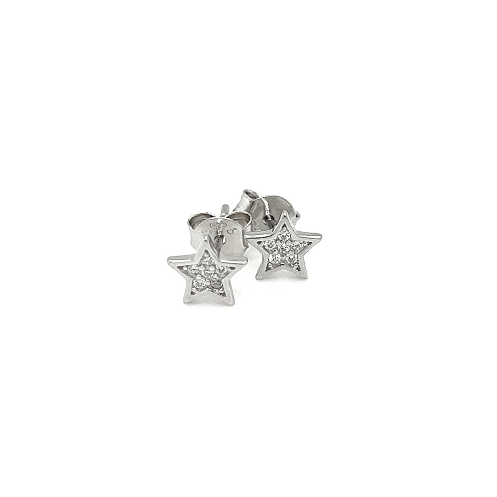 A pair of Super Silver Cubic Zirconia Star Stud Earrings for celestial enthusiasts on a white background.