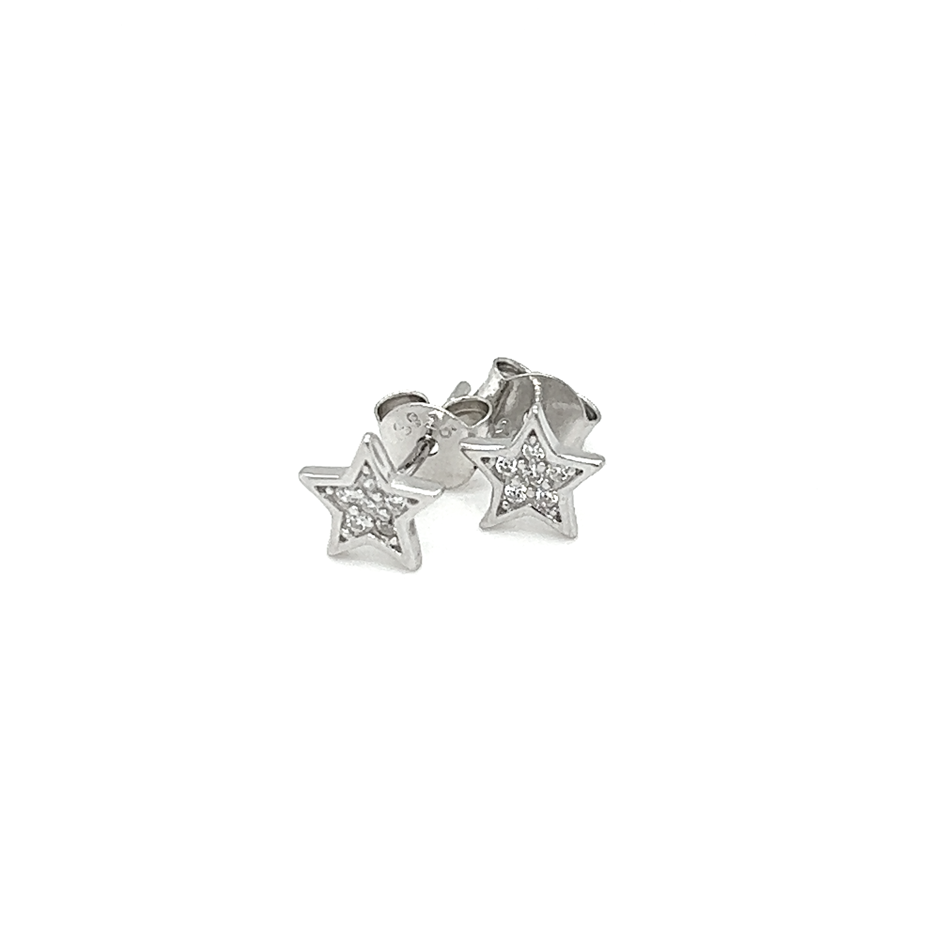 A pair of Super Silver cubic zirconia star stud earrings on a white background, perfect for star gazers and celestial enthusiasts.