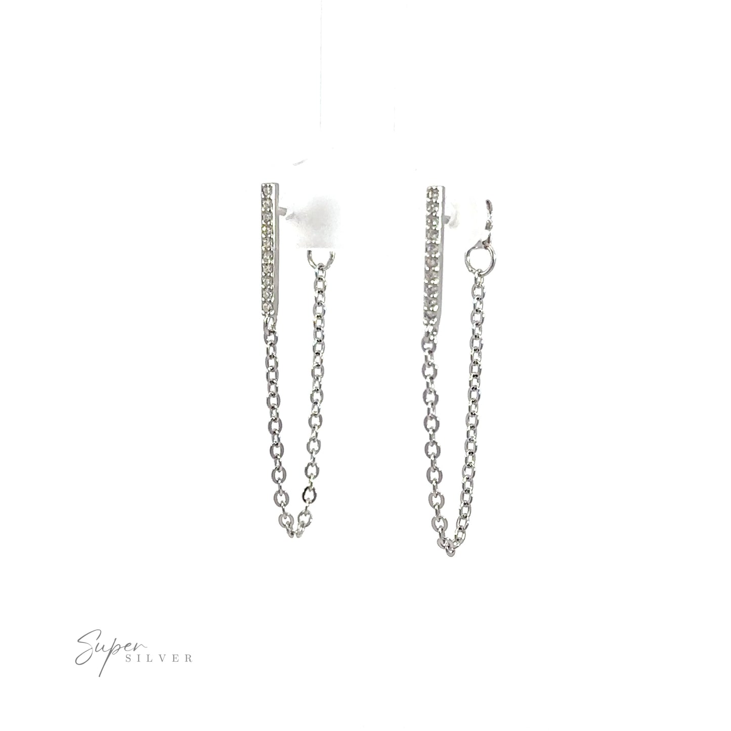 A pair of silver earrings with CZ Bar Studs with Chain.