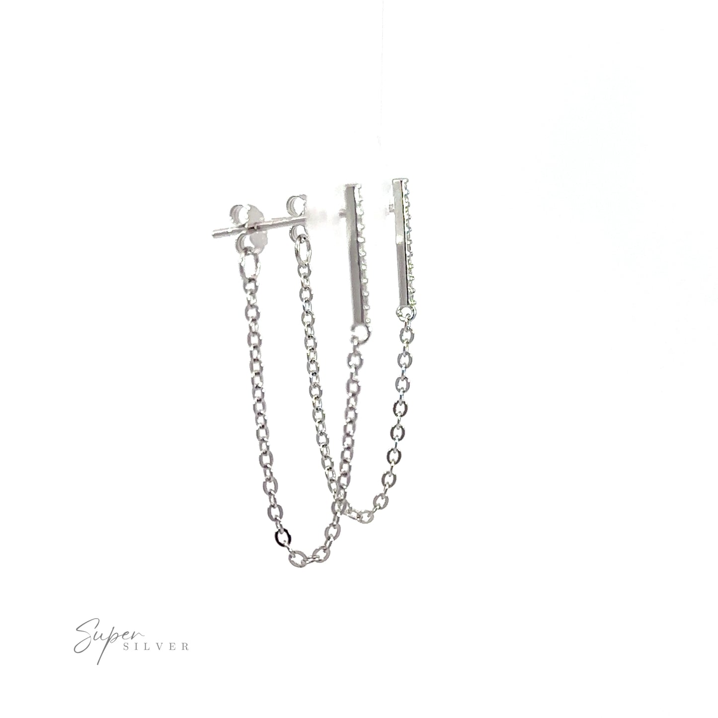 A pair of CZ Bar Studs with Chain, perfect for everyday wear, hanging on a white background.