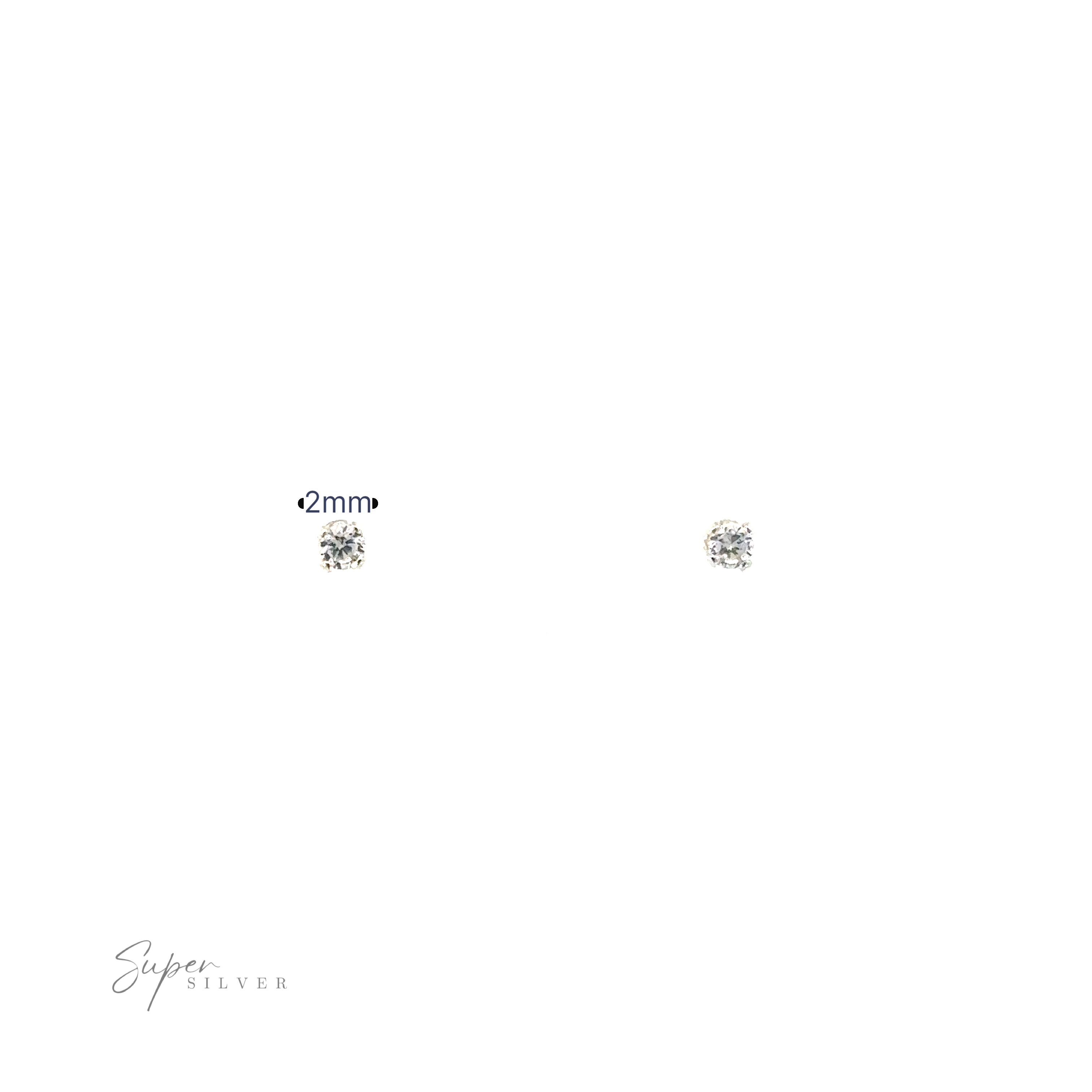 A comparison of two Round CZ Studs, one 2mm in size and the other larger, with a signature "super silver" in the lower right corner.