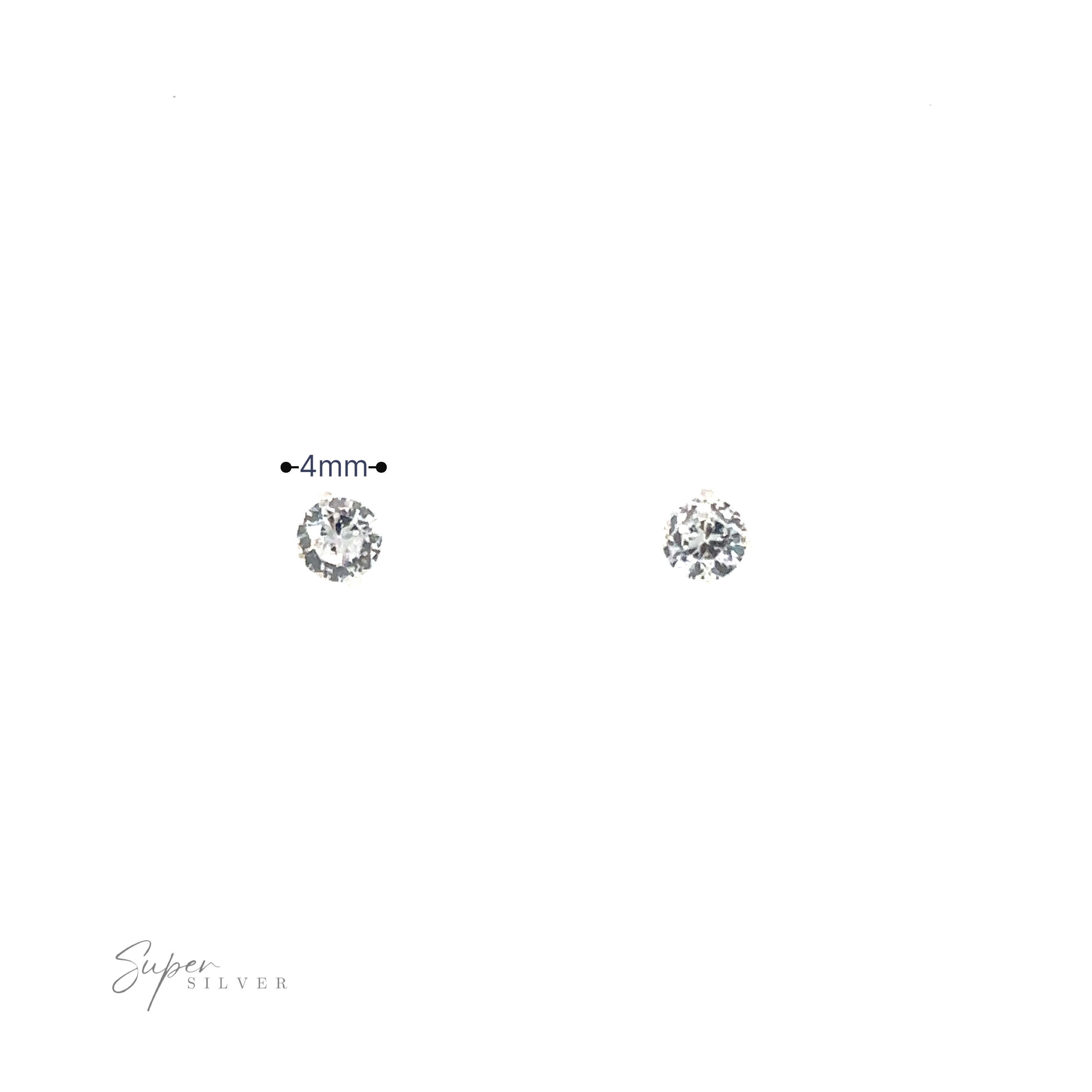 Two Round CZ Studs with a ~4mm diameter label, indicating size comparison.