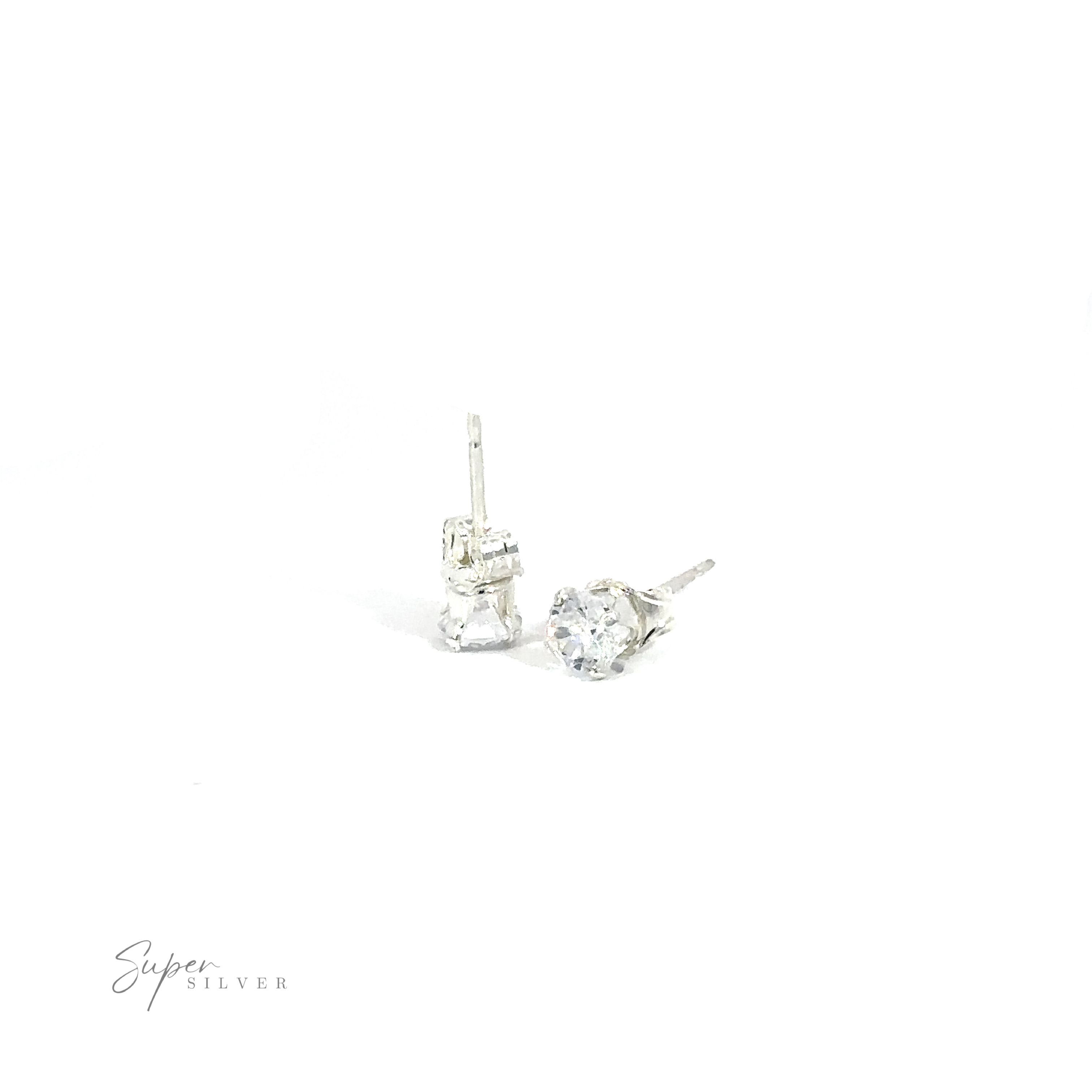 A pair of Round CZ Studs earrings, presented on a white background with a "super silver" signature in the corner.