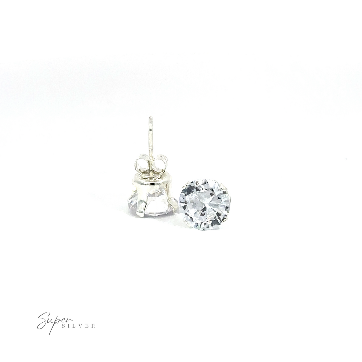 
                  
                    A single silver Round CZ Stud earring next to its matching loose stone.
                  
                