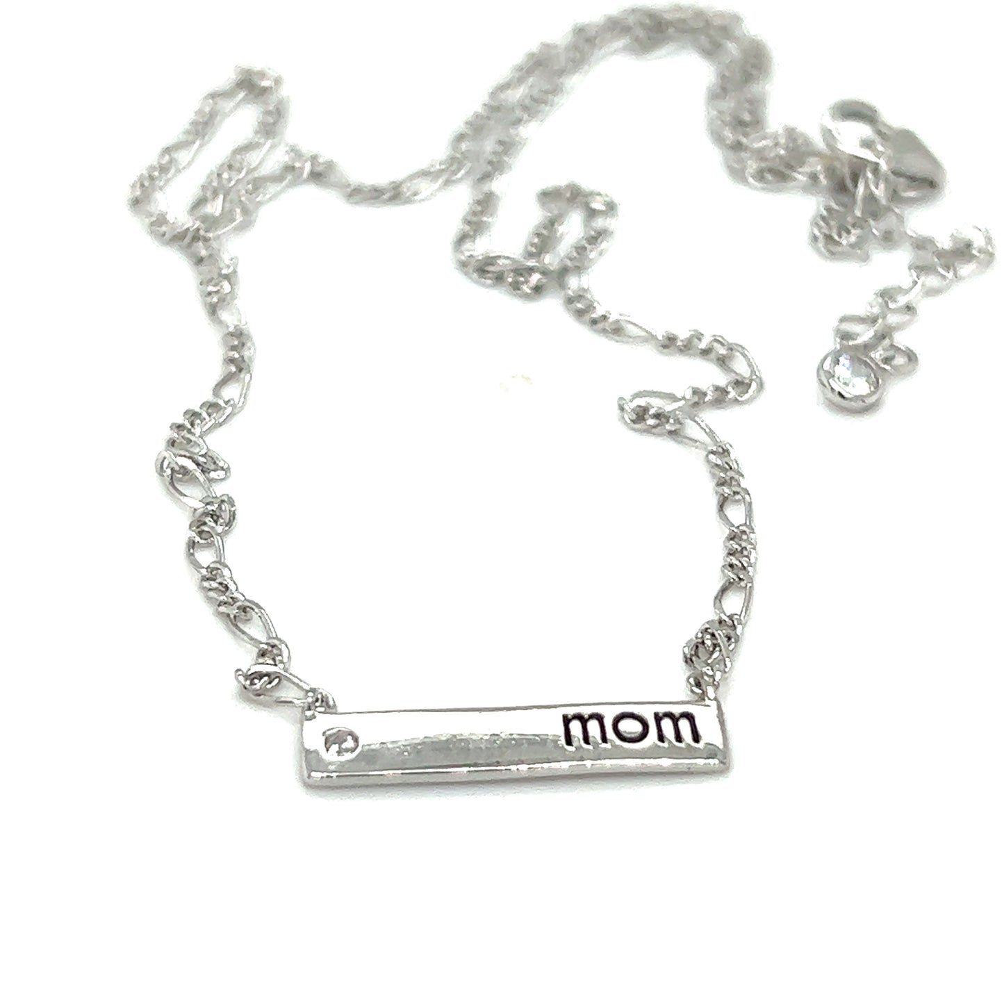 A gratitude Delicate Mom Plate Necklace for mom, adorned with the word "mom" from Super Silver.
