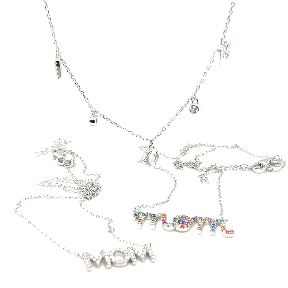 Three Super Silver Mom And Mama Necklaces with cubic zirconia stones.