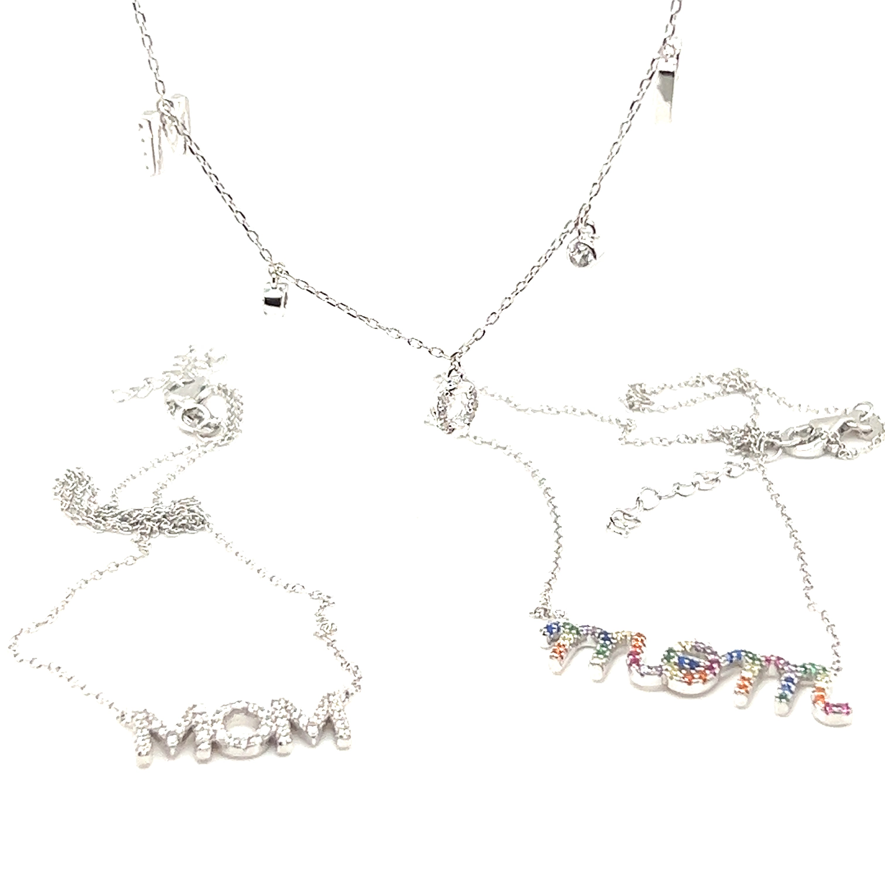 Three Super Silver Mom And Mama Necklaces adorned with cubic zirconia stones, perfect for moms.