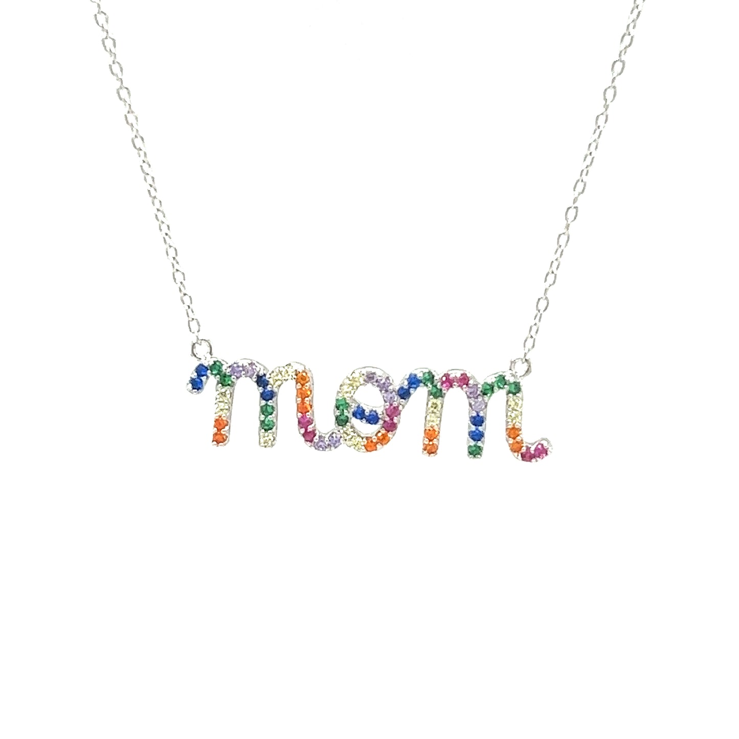 A Super Silver contemporary Mom And Mama Necklace featuring the word "mom" in rainbow cubic zirconia stones on a silver chain.