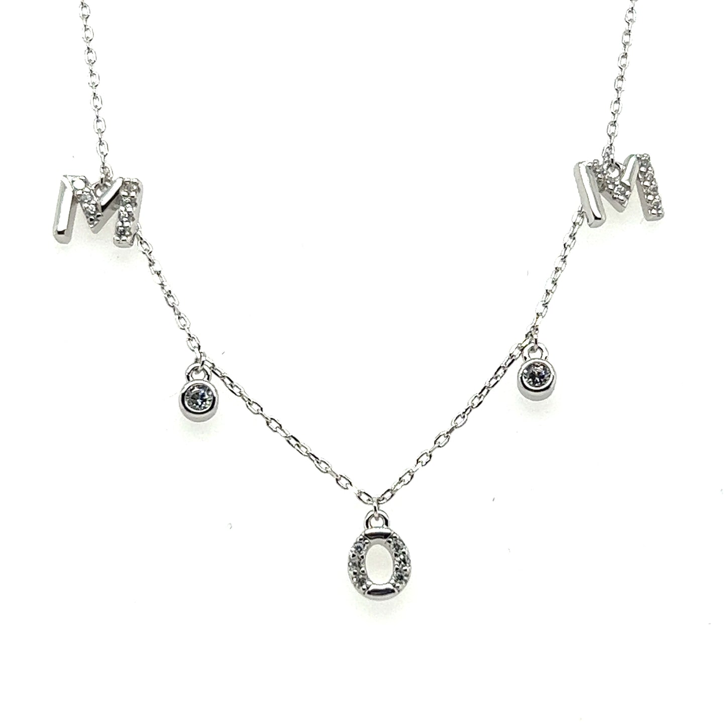 
                  
                    A Super Silver Mom and Mama Necklace with three initials and a sparkling diamond made with cubic zirconia stones.
                  
                