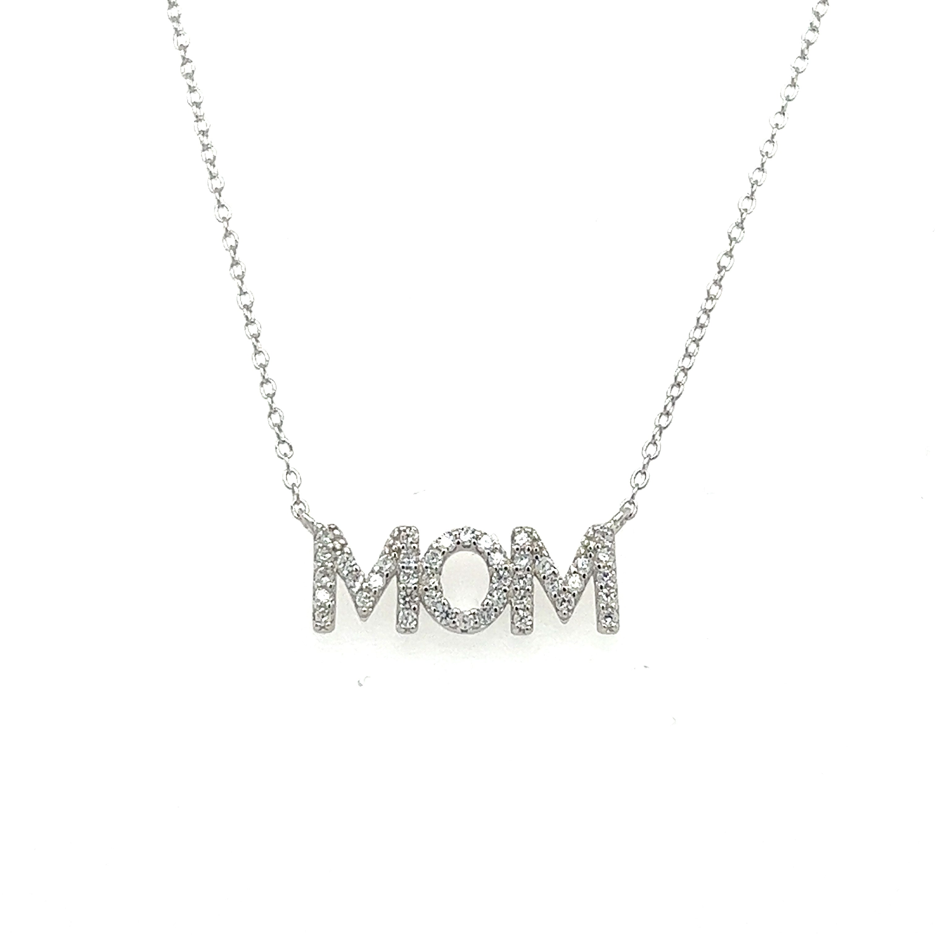 This Super Silver mom and mama necklace features a charming pendant with cubic zirconia stones.