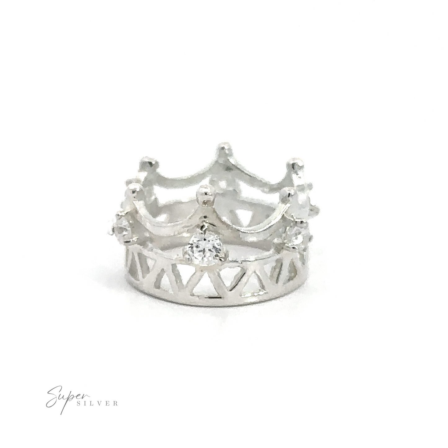 
                  
                    A silver ring designed to resemble a crown, adorned with small diamonds, exuding the elegance of a Cubic Zirconia Crown Pendant. The "Super Silver" logo is visible in the lower left corner.
                  
                