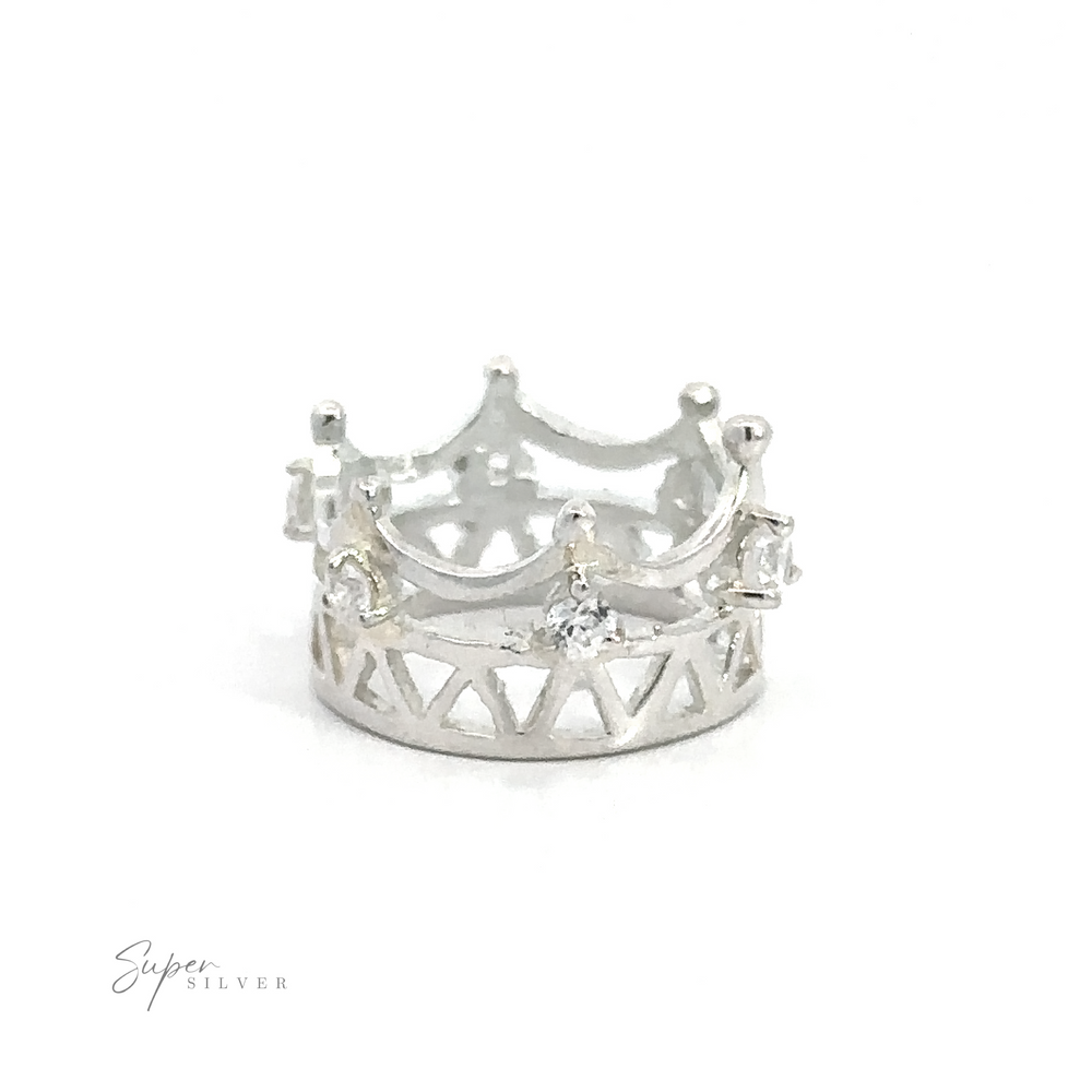 
                  
                    A Cubic Zirconia Crown Pendant designed like a crown with small, clear cubic zirconia gemstones. The pendant has a detailed cutout pattern and the brand name "Super Silver" is visible at the bottom left of the image.
                  
                