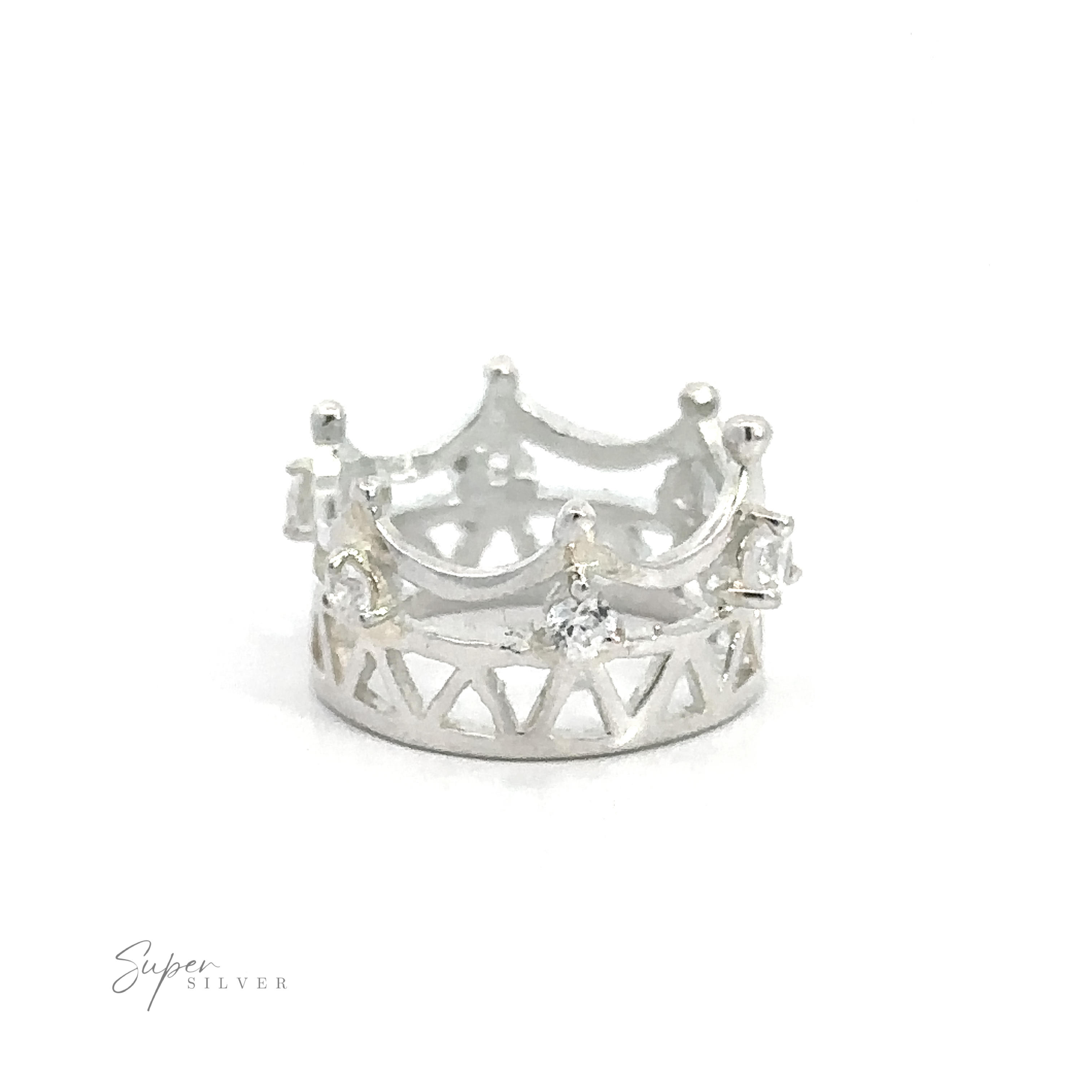 A Cubic Zirconia Crown Pendant designed like a crown with small, clear cubic zirconia gemstones. The pendant has a detailed cutout pattern and the brand name "Super Silver" is visible at the bottom left of the image.