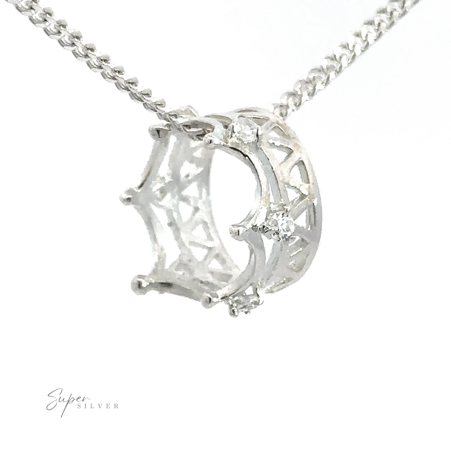 
                  
                    A close-up image of a Cubic Zirconia Crown Pendant on a silver chain. The pendant features a lattice design adorned with small cubic zirconia crystals. The logo "Super Silver" is visible in the bottom left corner.
                  
                