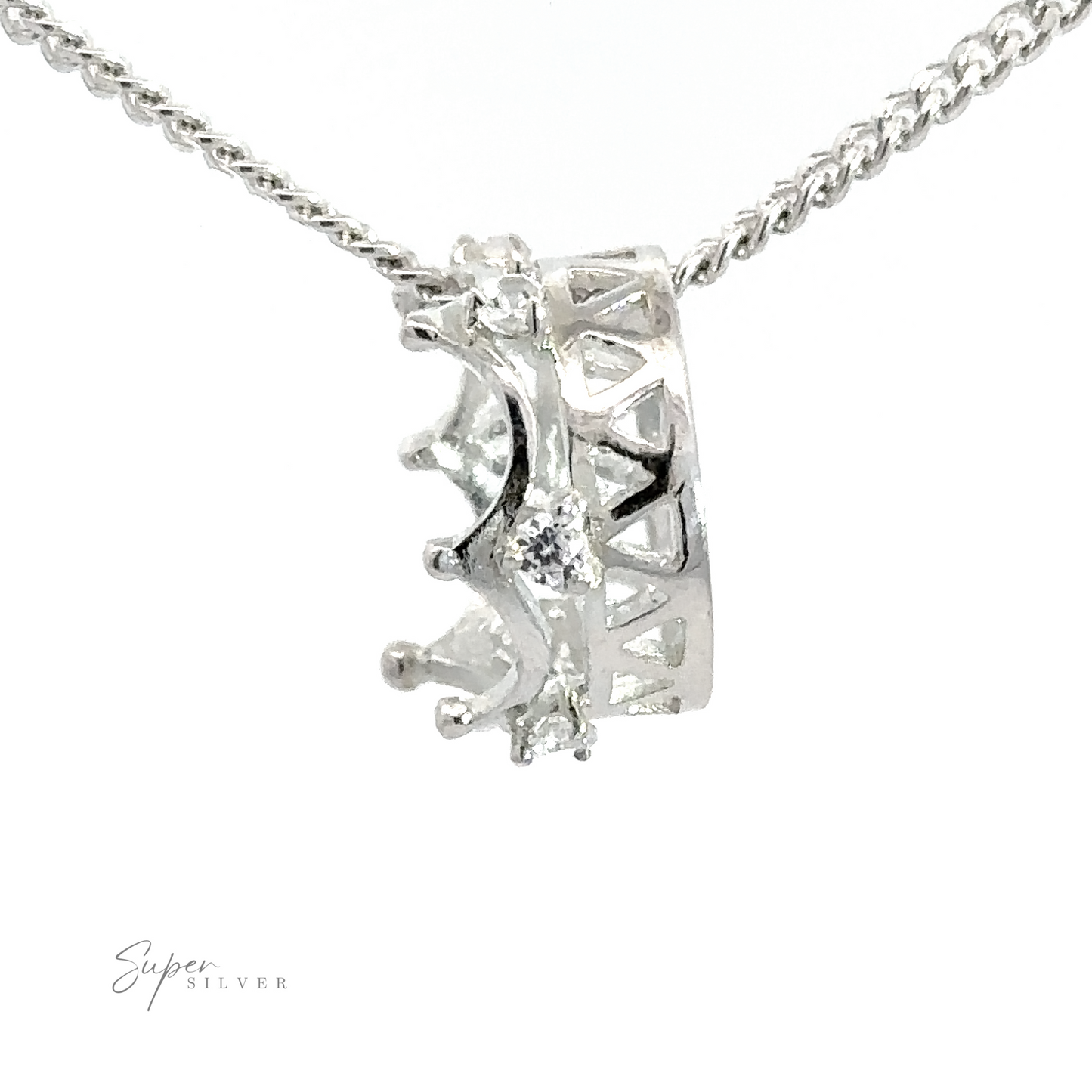 
                  
                    Cubic Zirconia Crown Pendant with a Cubic Zirconia gemstone, hanging on a twisted sterling silver chain. The design features small triangular cutouts. "Super Silver" logo is visible in the lower left corner.
                  
                