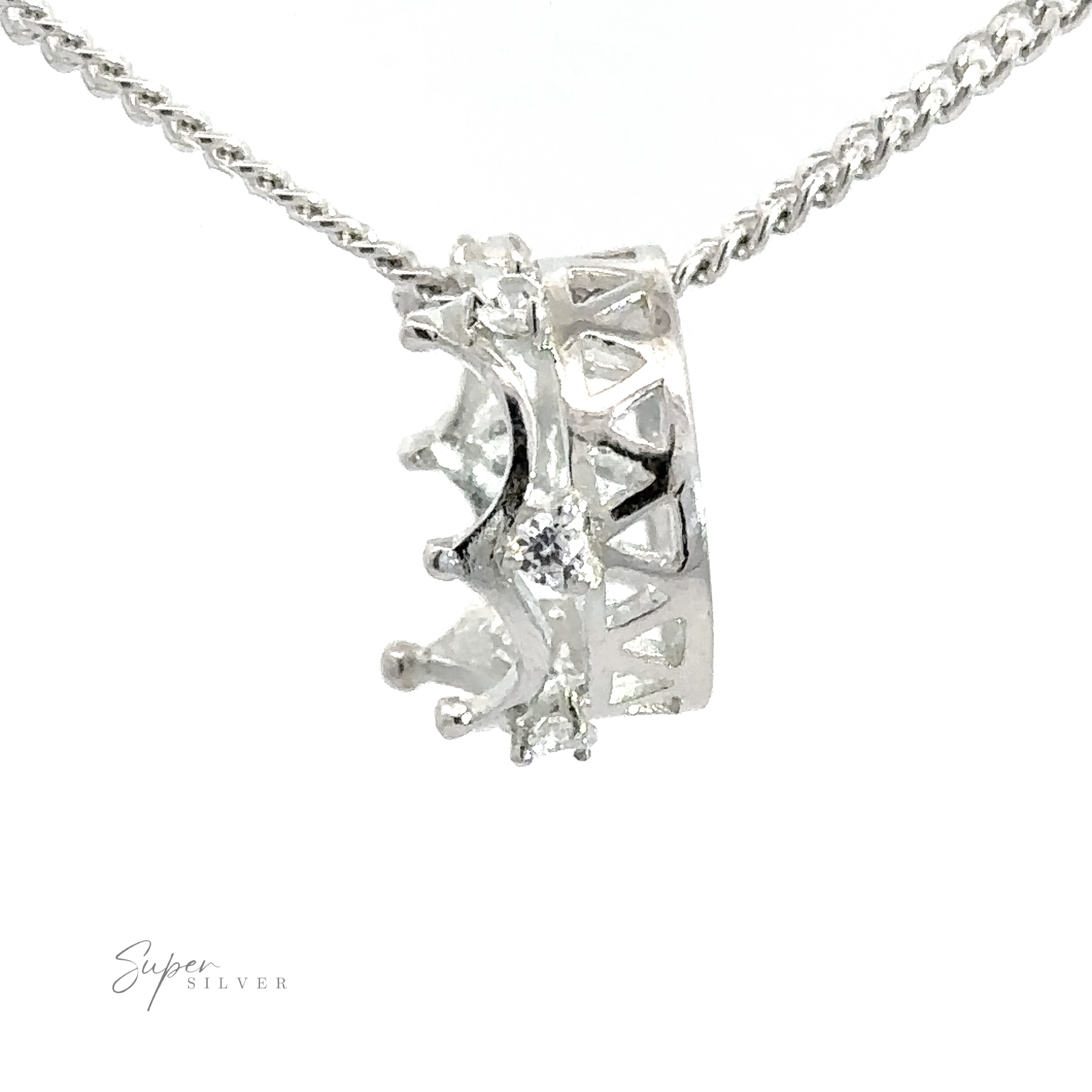 Cubic Zirconia Crown Pendant with a Cubic Zirconia gemstone, hanging on a twisted sterling silver chain. The design features small triangular cutouts. "Super Silver" logo is visible in the lower left corner.