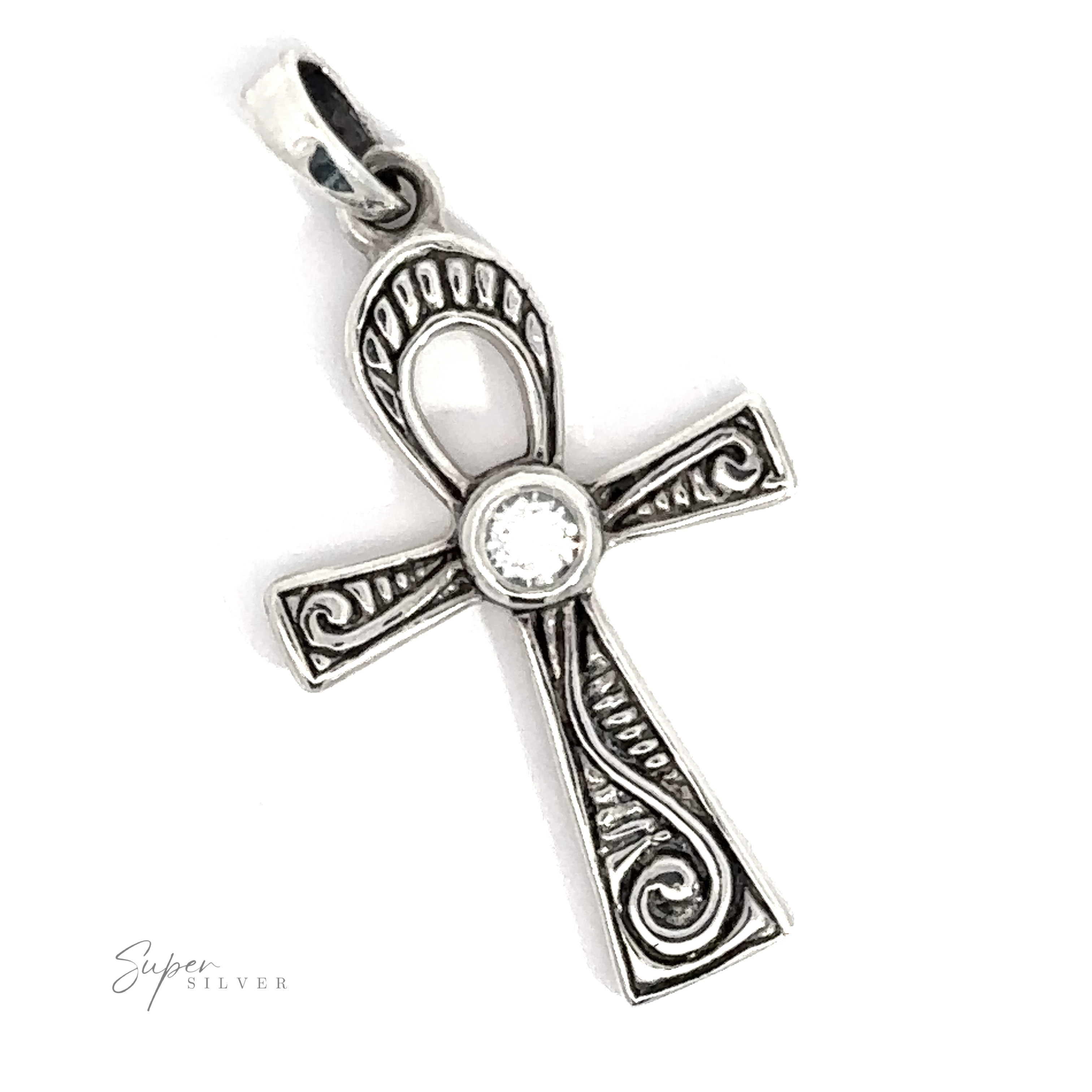 The Cubic Zirconia Ankh Pendant features engraved sterling silver patterns and a central round cubic zirconia gemstone, displayed against a plain white background.