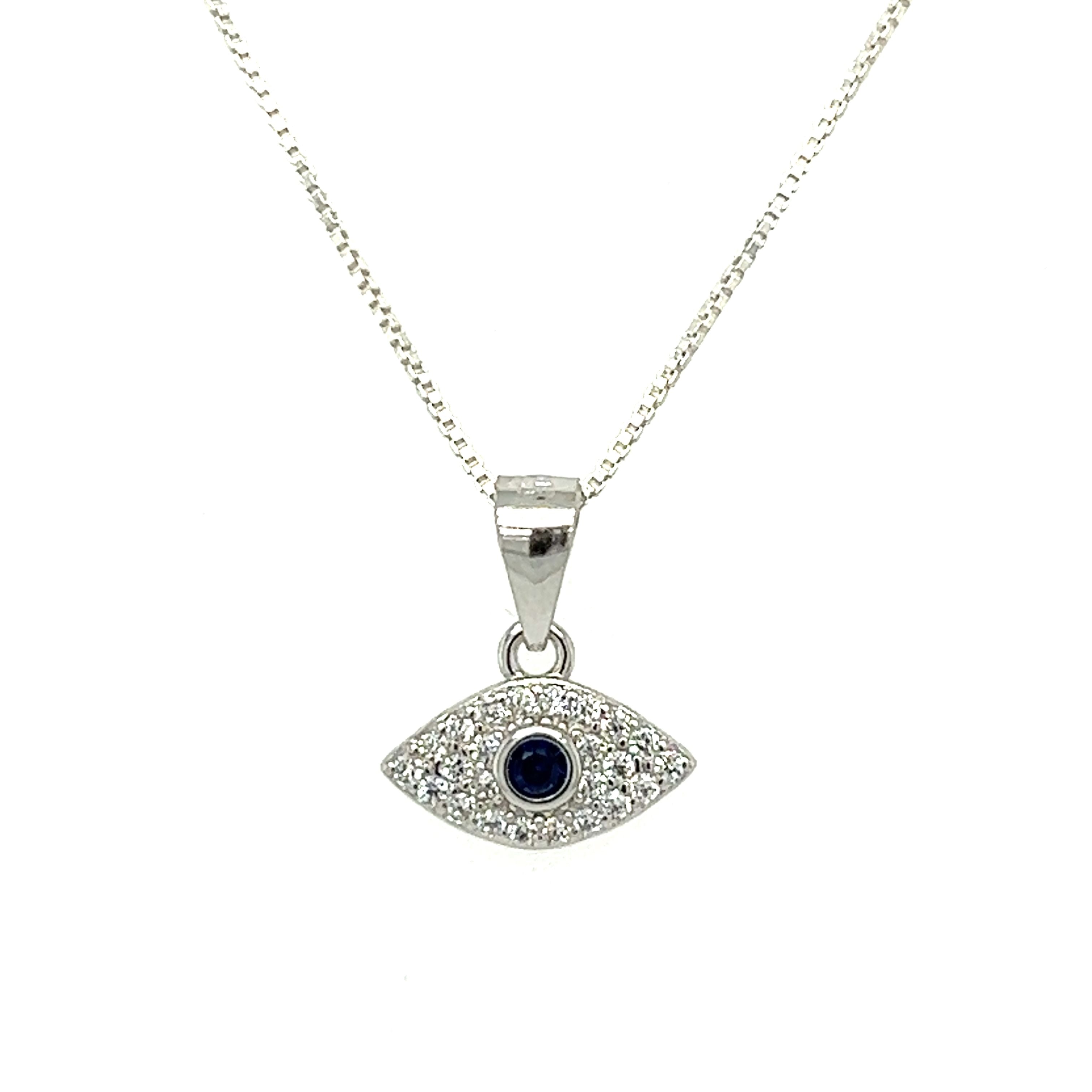 A mesmerizing Evil Eye Pave Cubic Zirconia Charms pendant on a sleek silver chain.