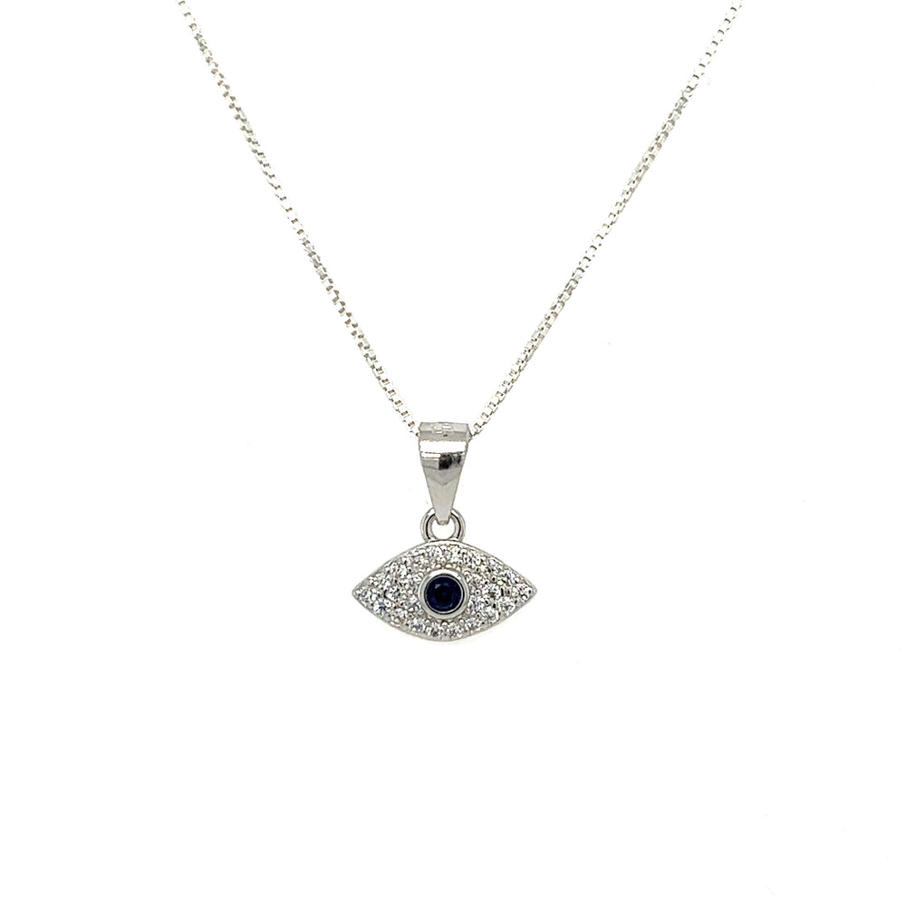 
                  
                    A stunning Evil Eye Pave Cubic Zirconia Charms pendant on a silver chain, adorned with sparkling pave cubic zirconia.
                  
                