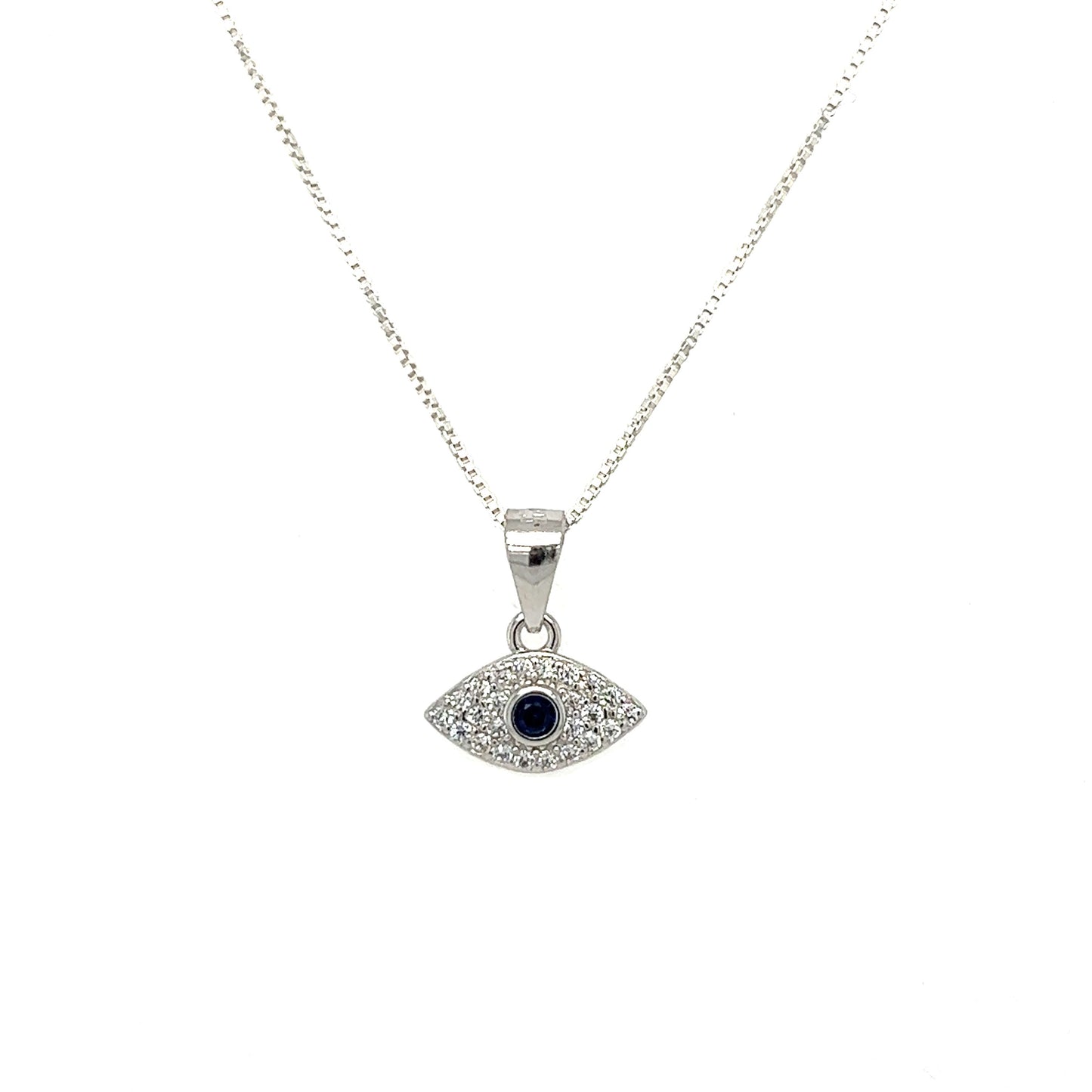 
                  
                    A stunning Evil Eye Pave Cubic Zirconia Charms pendant on a silver chain, adorned with sparkling pave cubic zirconia.
                  
                