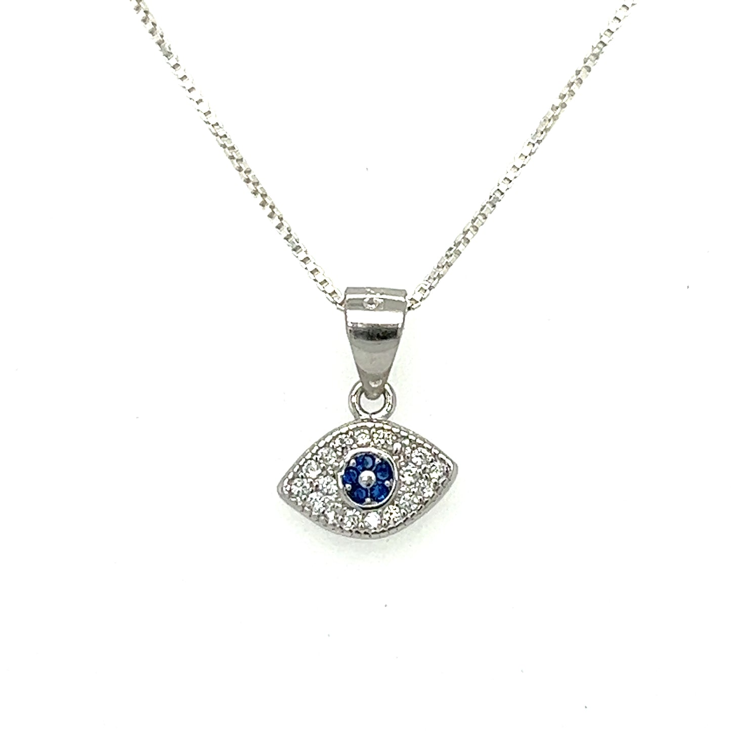 
                  
                    A sterling silver evil eye pave cubic zirconia charms pendant with blue sapphires and diamonds. This stunning pendant features mesmerizing blue sapphires and sparkling diamonds that add a touch of glamour to the traditional.
                  
                