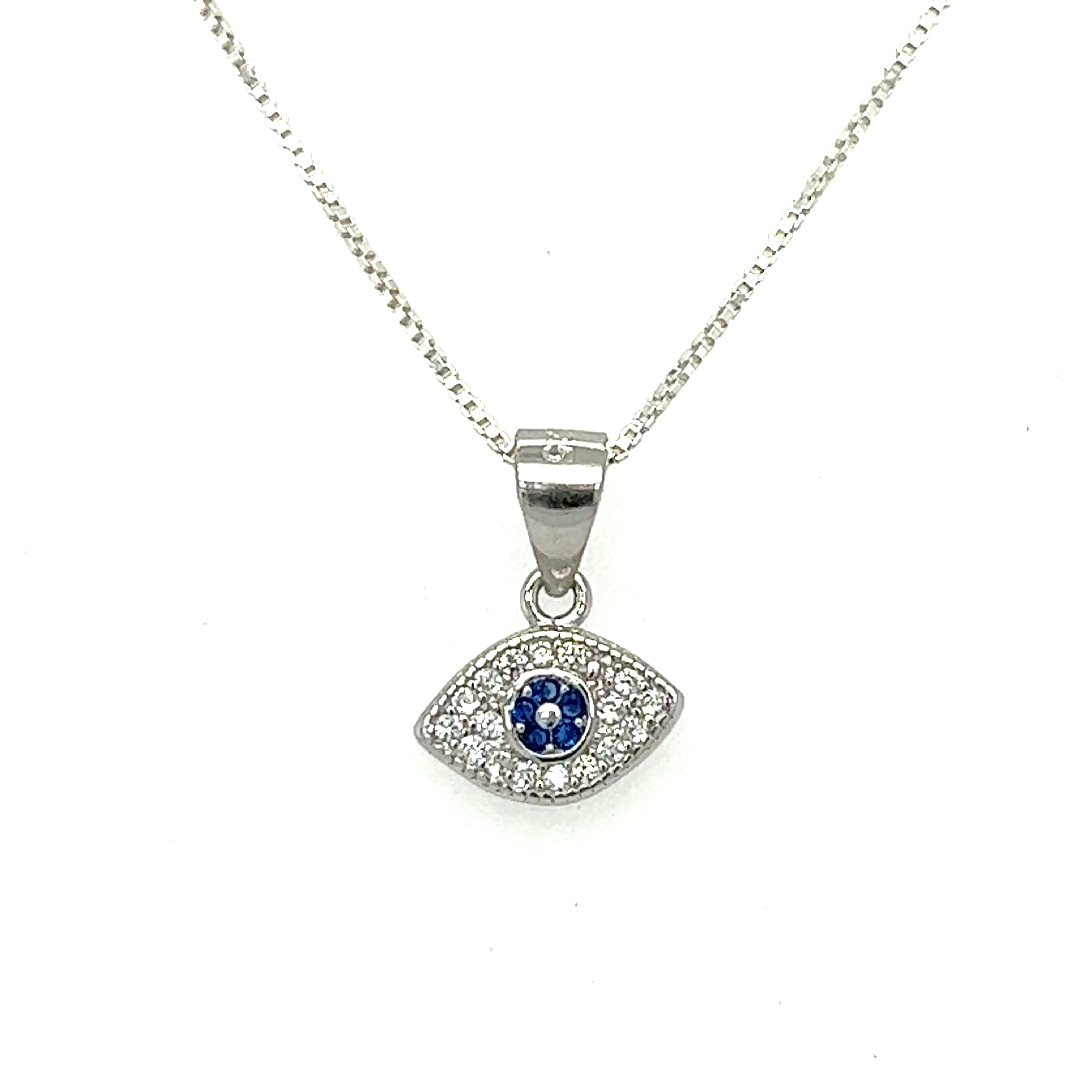 A sterling silver evil eye pave cubic zirconia charms pendant with blue sapphires and diamonds. This stunning pendant features mesmerizing blue sapphires and sparkling diamonds that add a touch of glamour to the traditional.