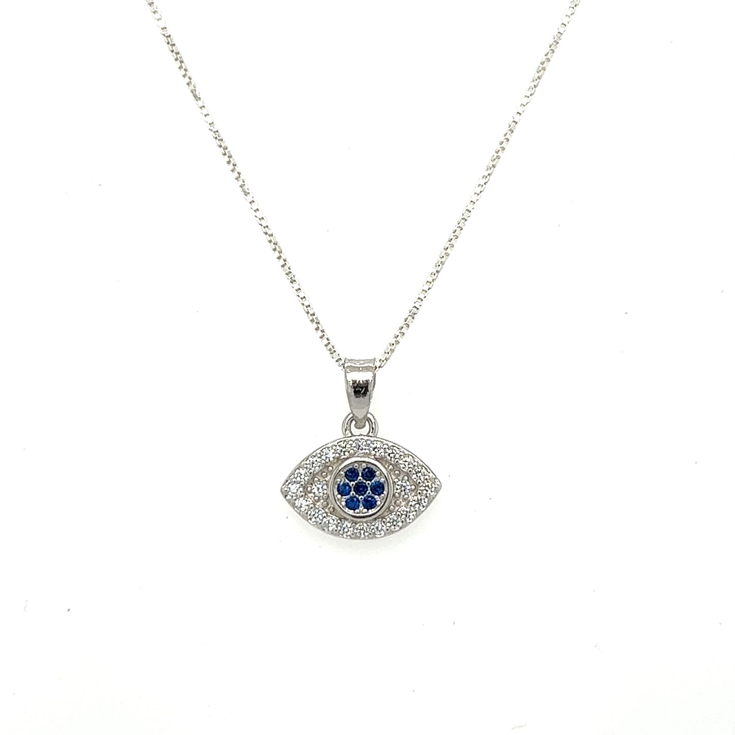 
                  
                    A stunning Evil Eye Pave Cubic Zirconia Charms pendant with vibrant blue stones, elegantly hanging from a sleek silver chain.
                  
                