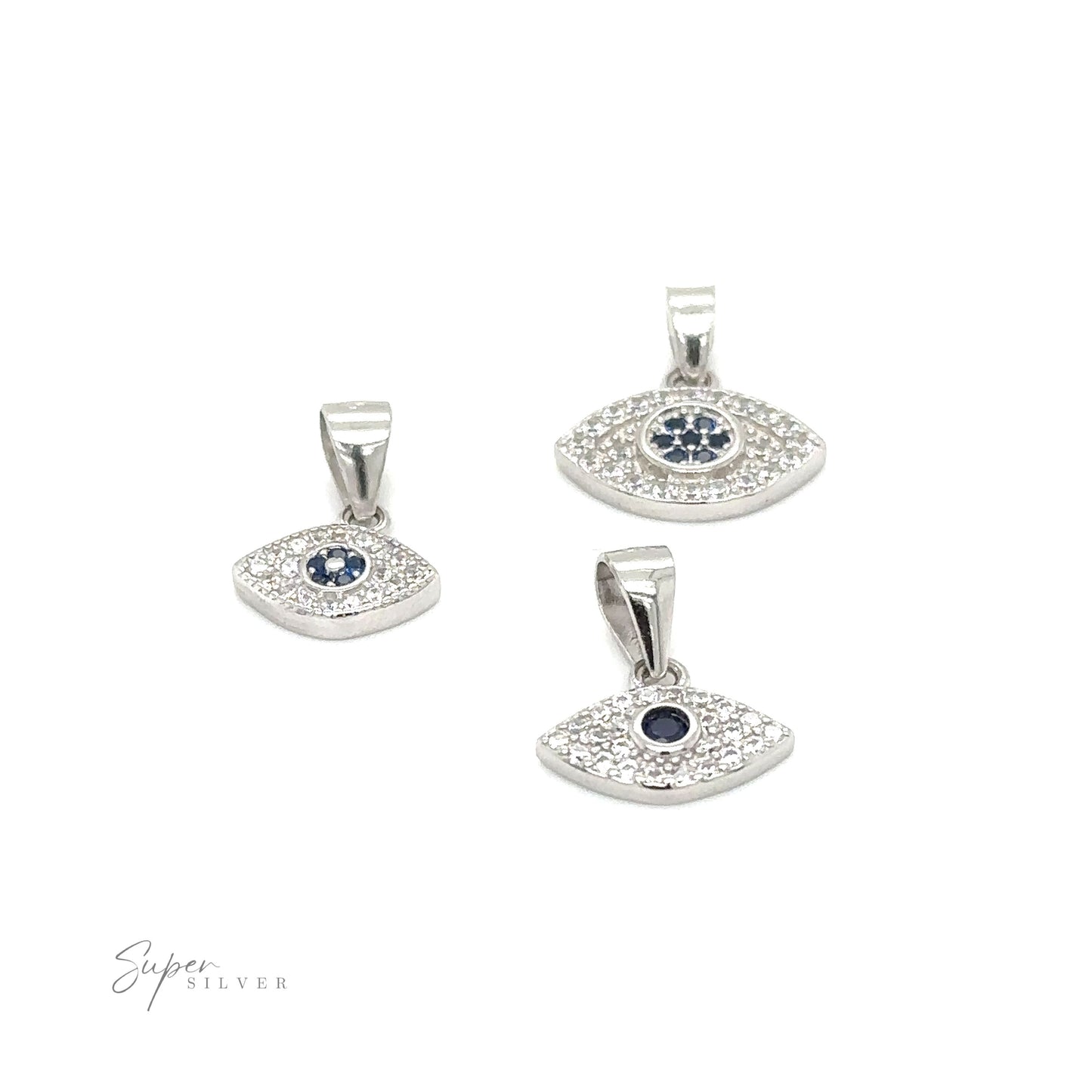 Three Evil Eye Pave Cubic Zirconia Charms adorned with pave cubic zirconia.