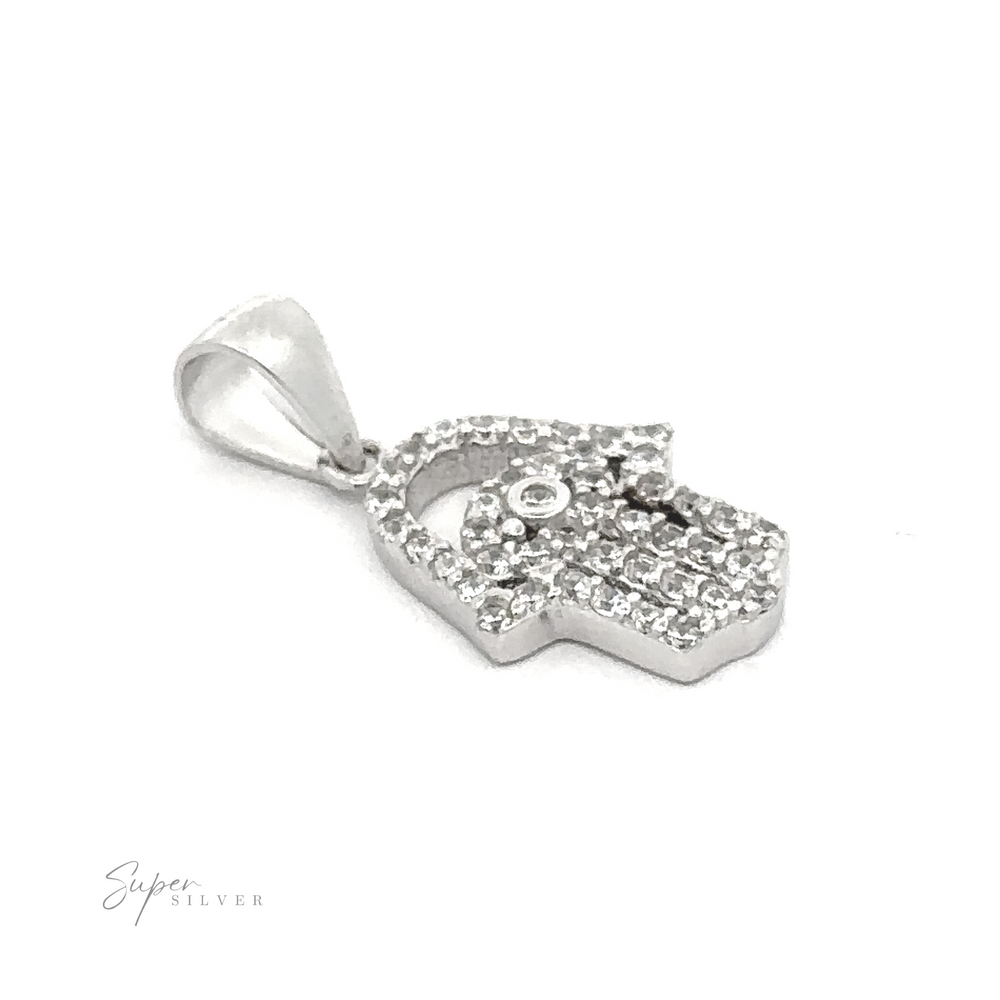 
                  
                    Small Cubic Zirconia Hamsa Pendant with embedded clear cubic zirconia gemstones, set against a plain white background. The letters "Super Silver" are visible in the bottom left corner.
                  
                