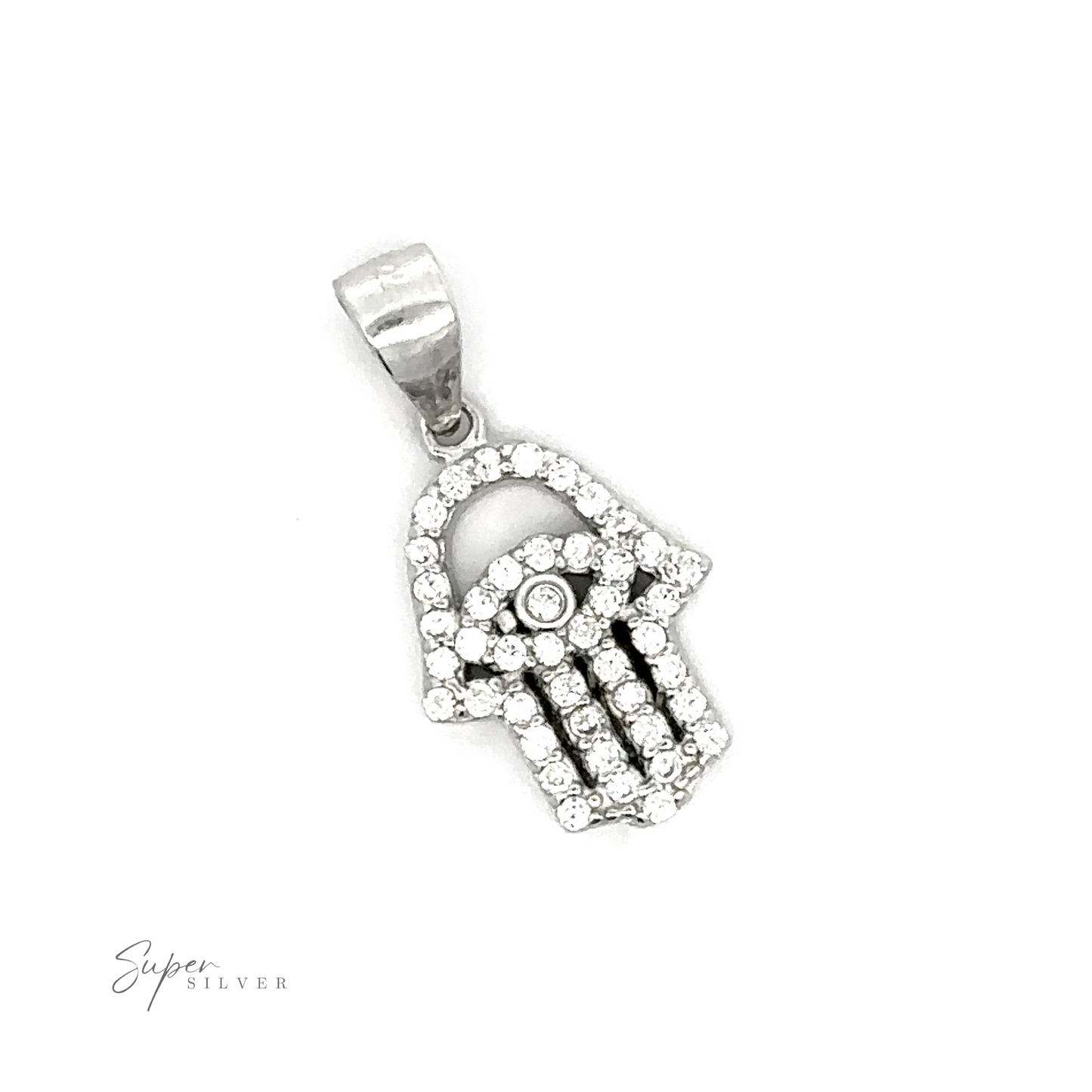 
                  
                    A Small Cubic Zirconia Hamsa Pendant shaped like a hand with an eye in the center, encrusted with small clear stones. Crafted from rhodium plated sterling silver, it features shimmering cubic zirconia for added elegance.
                  
                
