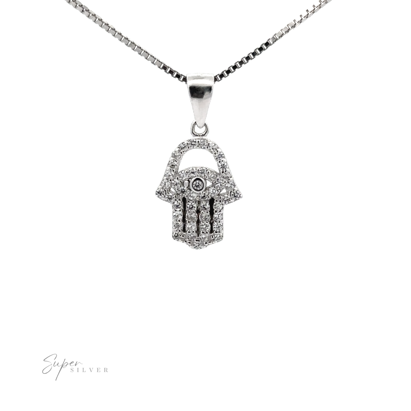 
                  
                    A rhodium plated sterling silver necklace featuring a Small Cubic Zirconia Hamsa Pendant, shaped like a stylized hand with an eye in the center, adorned with small clear cubic zirconia stones.
                  
                