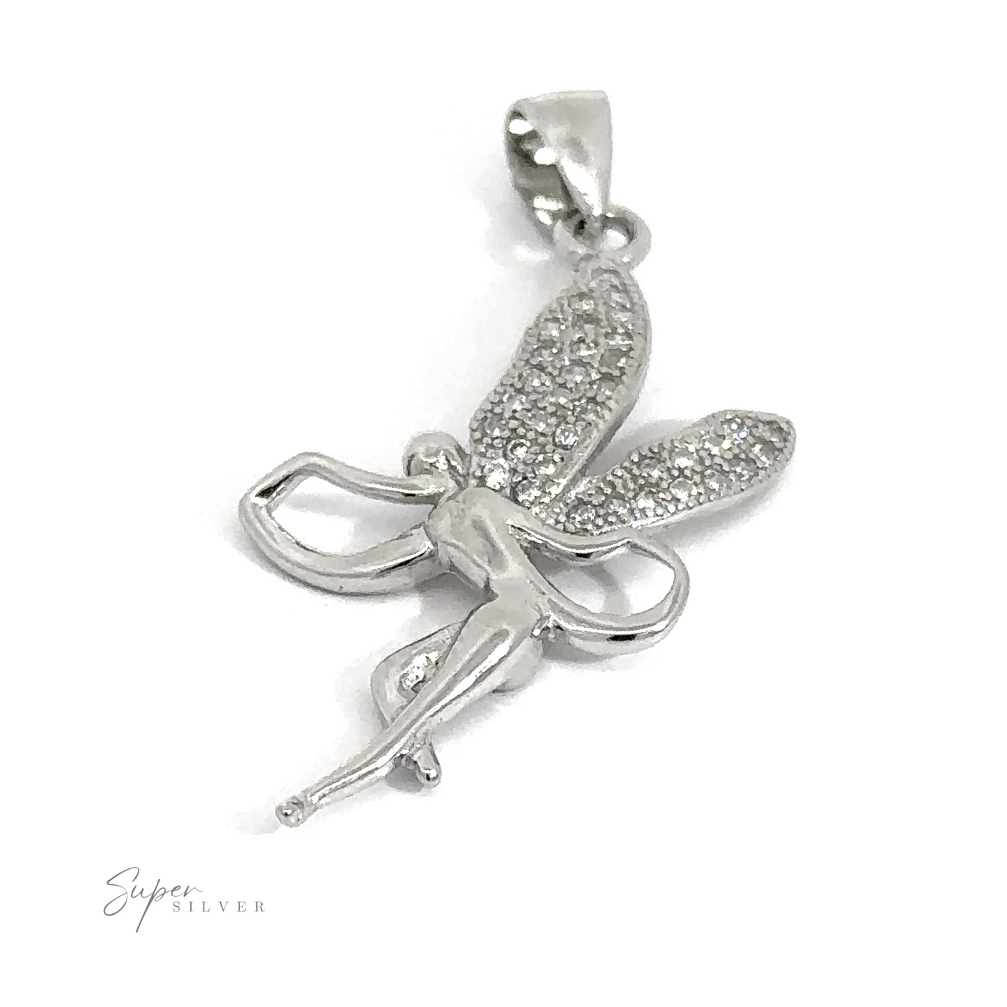 
                  
                    This **Enchanting Fairy Pendant With Cubic Zirconia Wings** is crafted in a beautiful silver design, with wings encrusted with small cubic zirconia crystals. It has a rhodium finish and a loop at the top for easy attachment to your favorite chain.
                  
                