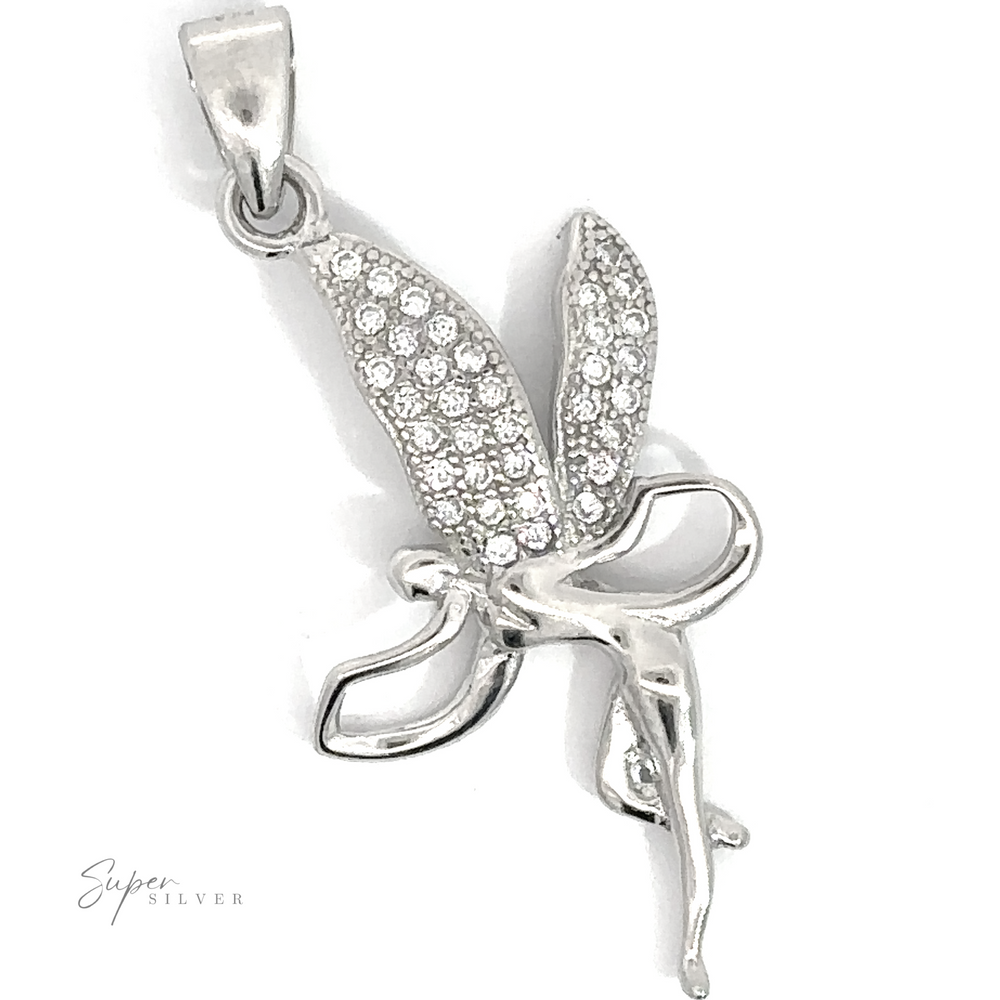 
                  
                    Enchanting Fairy Pendant With Cubic Zirconia Wings: This silver fairy pendant with outstretched wings, encrusted with cubic zirconia crystals, features a loop for a necklace chain and a lustrous rhodium finish.
                  
                