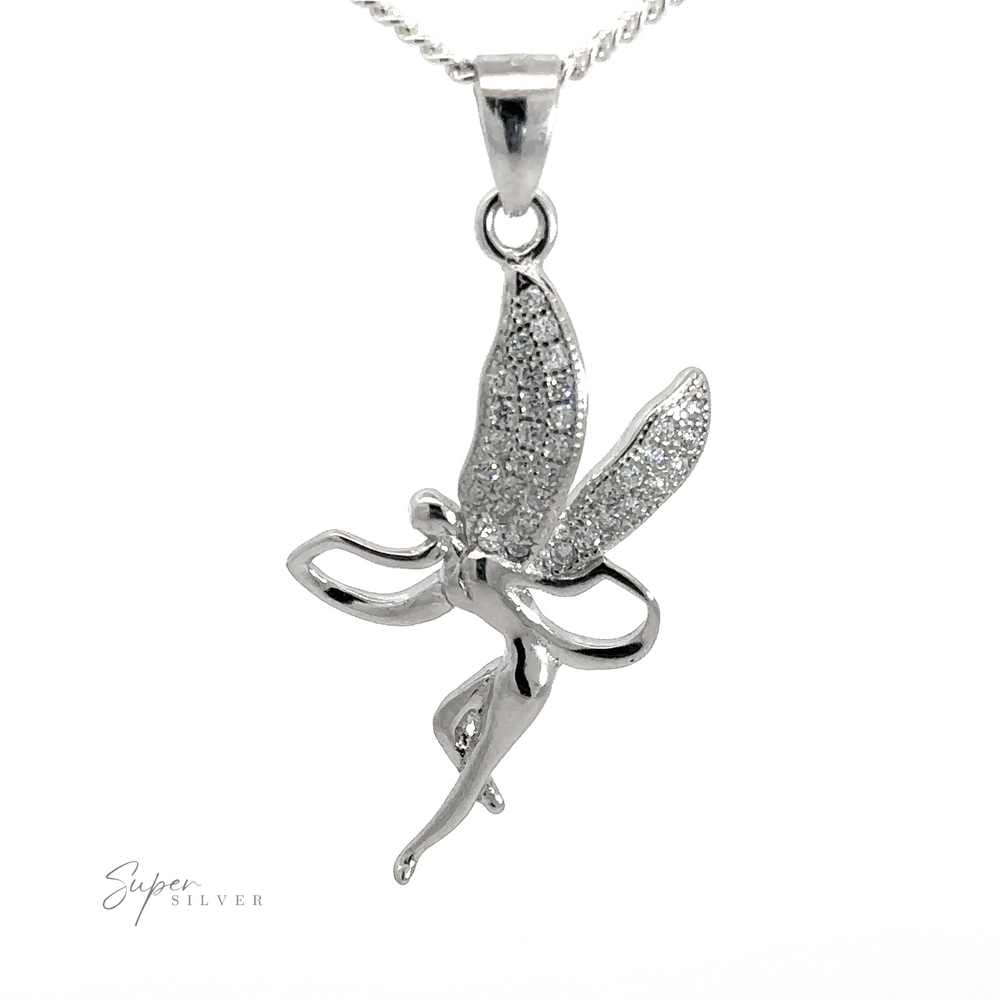 
                  
                    An **Enchanting Fairy Pendant With Cubic Zirconia Wings**, adorned with cubic zirconia, attached to a silver chain boasting a rhodium finish.
                  
                