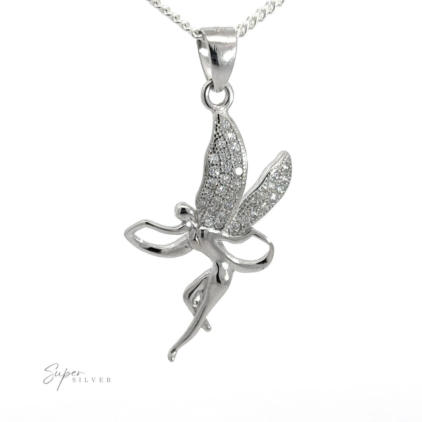 
                  
                    A silver necklace with an Enchanting Fairy Pendant With Cubic Zirconia Wings, featuring a delicate, winged figure encrusted with small cubic zirconia. The rhodium finish adds a touch of elegance to this magical piece.
                  
                