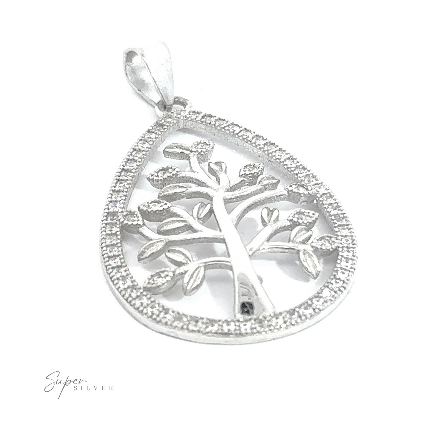 
                  
                    A Brilliant CZ Tree of Life Pendant encased within a teardrop-shaped frame, embellished with small, clear cubic zirconia stones along the border.
                  
                
