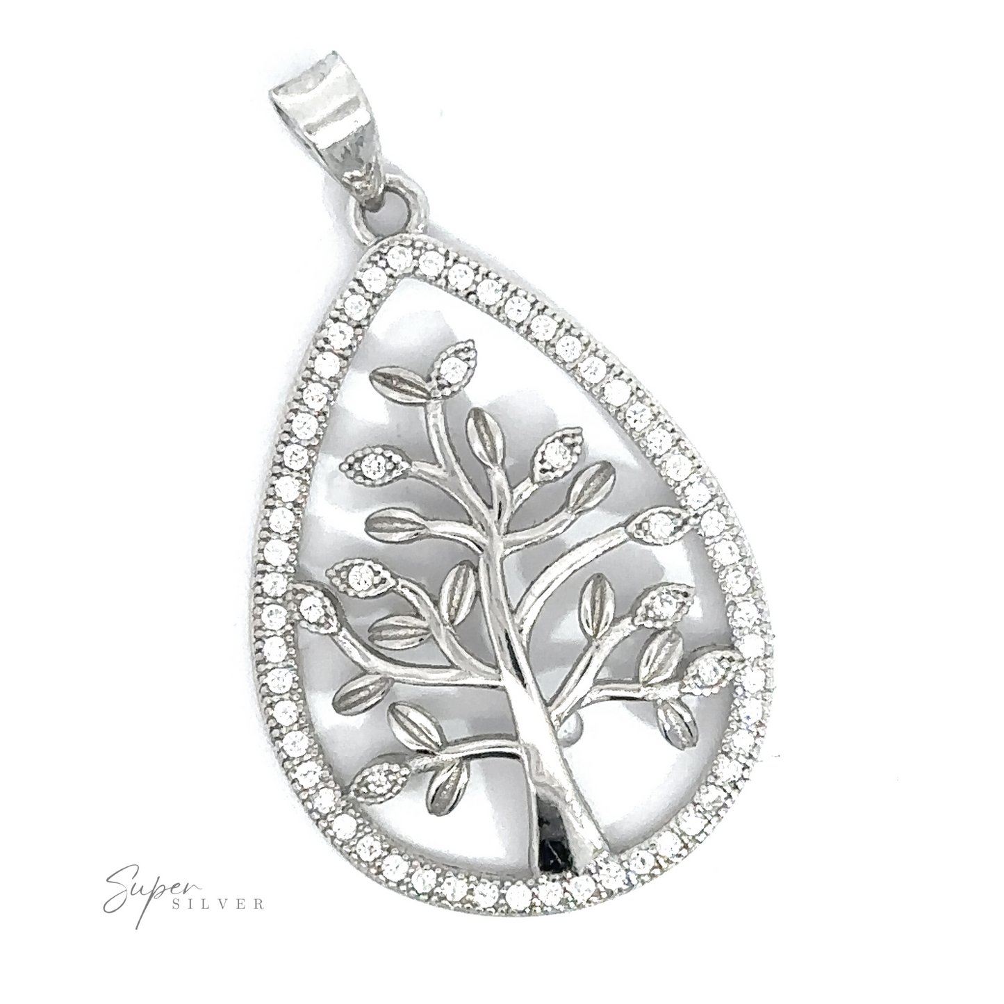 
                  
                    A stunning teardrop-shaped Sterling Silver pendant featuring a Tree of Life design with small leaves, meticulously outlined by a border of sparkling Cubic Zirconia stones, called the Brilliant CZ Tree of Life Pendant.
                  
                
