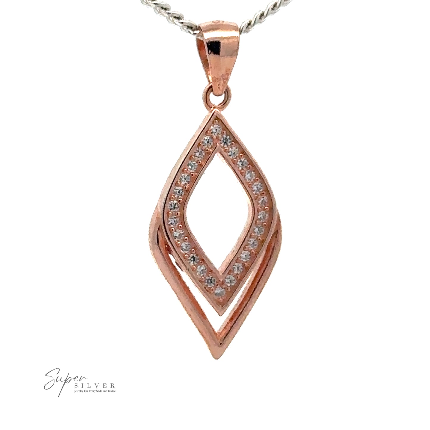 
                  
                    A Cubic Zirconia Leaf Shape Pendant, with a rose gold leaf-shaped design and encrusted geometric details, hanging from a twisted chain. The "Super Silver" brand logo is visible in the bottom left corner.
                  
                
