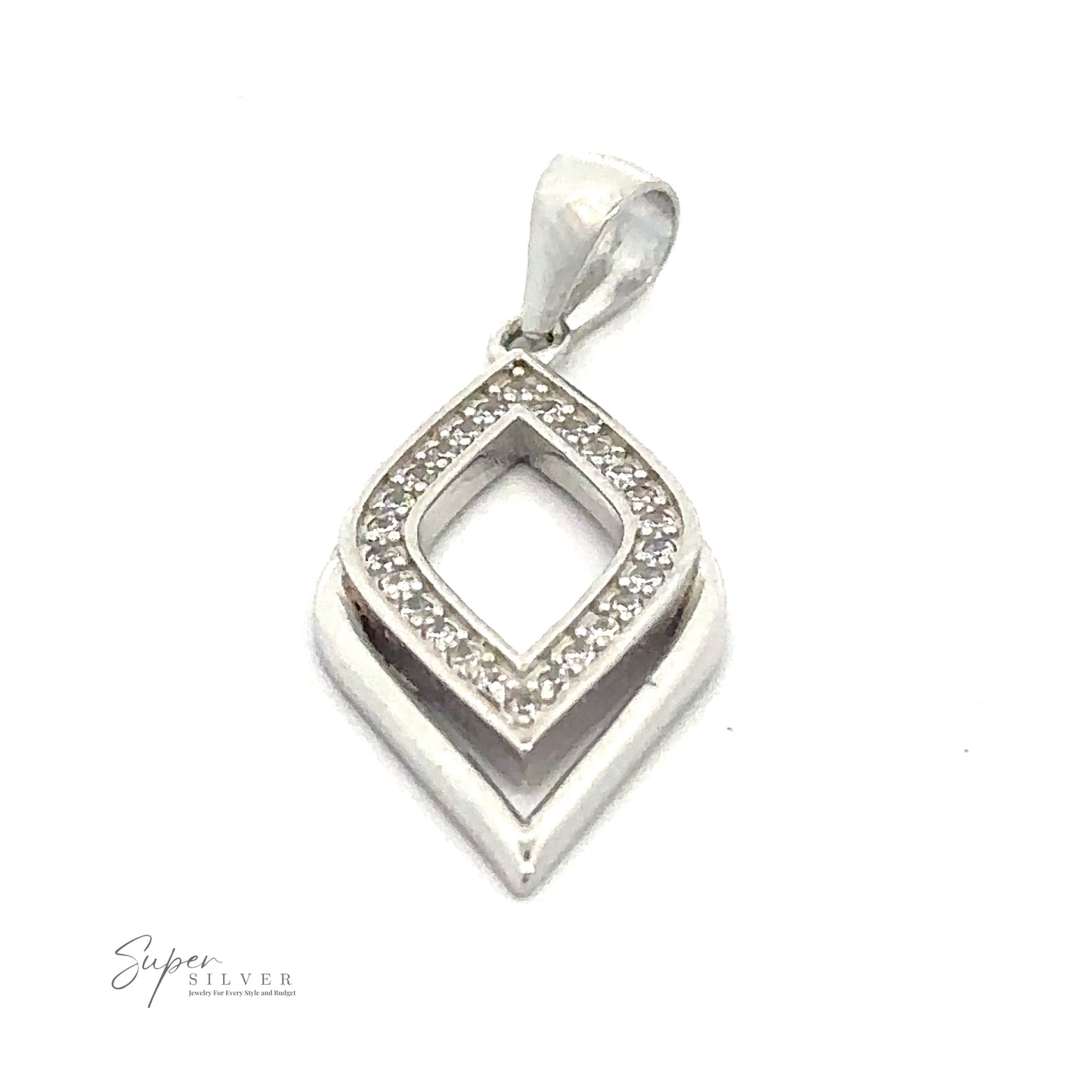 
                  
                    A Cubic Zirconia Leaf Shape Pendant shaped like two nested diamonds, with the inner diamond encrusted with cubic zirconia stones. The top diamond is open in the center. The brand name "Super Silver" is written at the bottom left.
                  
                