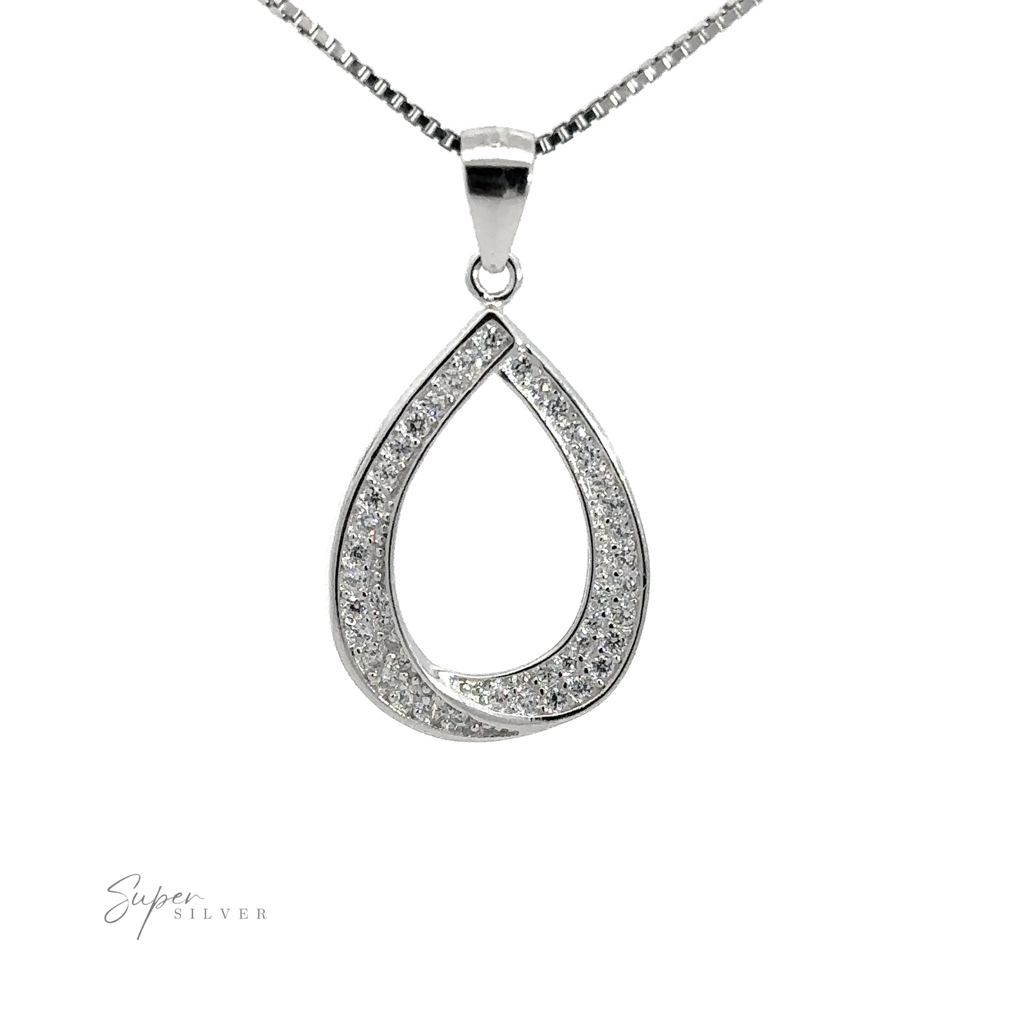 Close-up image of a Teardrop Shape Cubic Zirconia Pendant, hanging from a rhodium-plated silver chain. The brand name "Super Silver" is visible at the bottom left corner.
