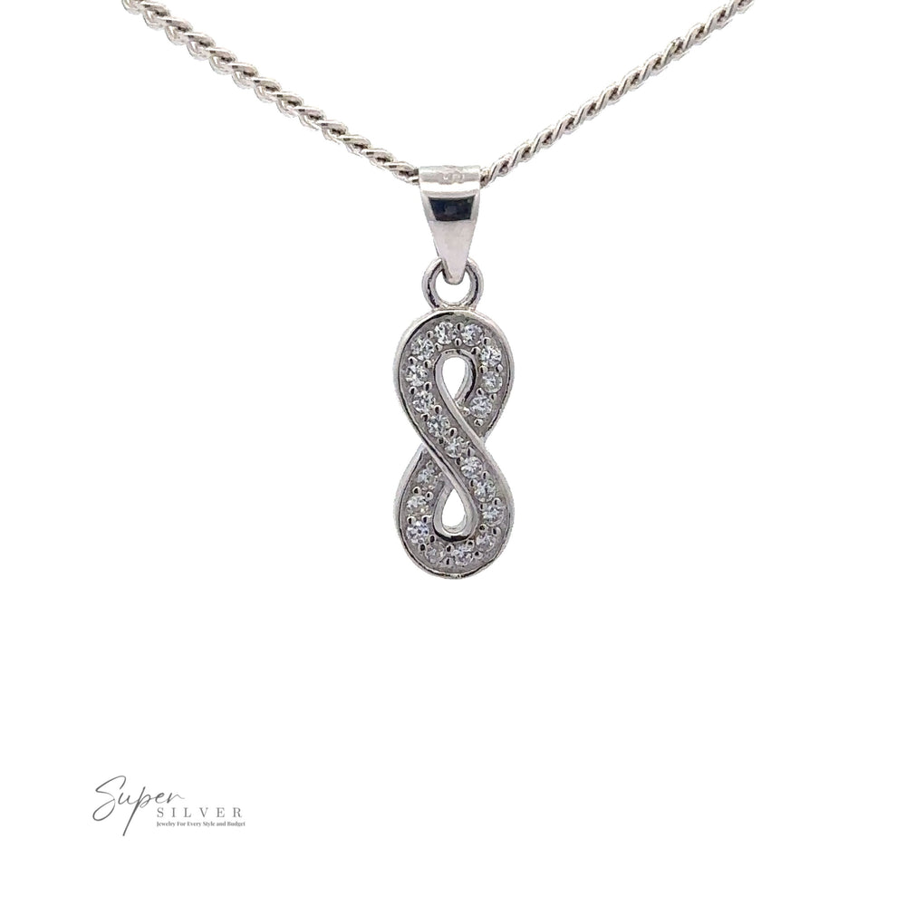 A Cubic Zirconia Infinity Pendant encrusted with small cubic zirconia gemstones, hanging from a silver chain. The logo "Super Silver" is visible in the bottom left corner.