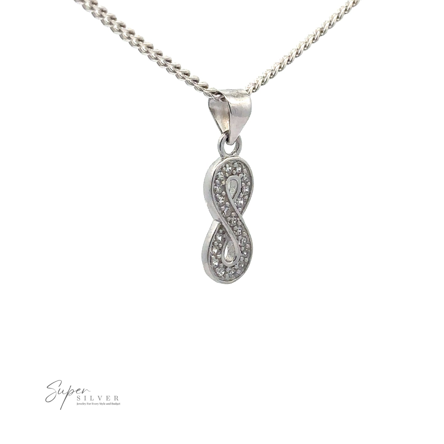 
                  
                    A Cubic Zirconia Infinity Pendant hangs on a delicate chain against a white background.
                  
                