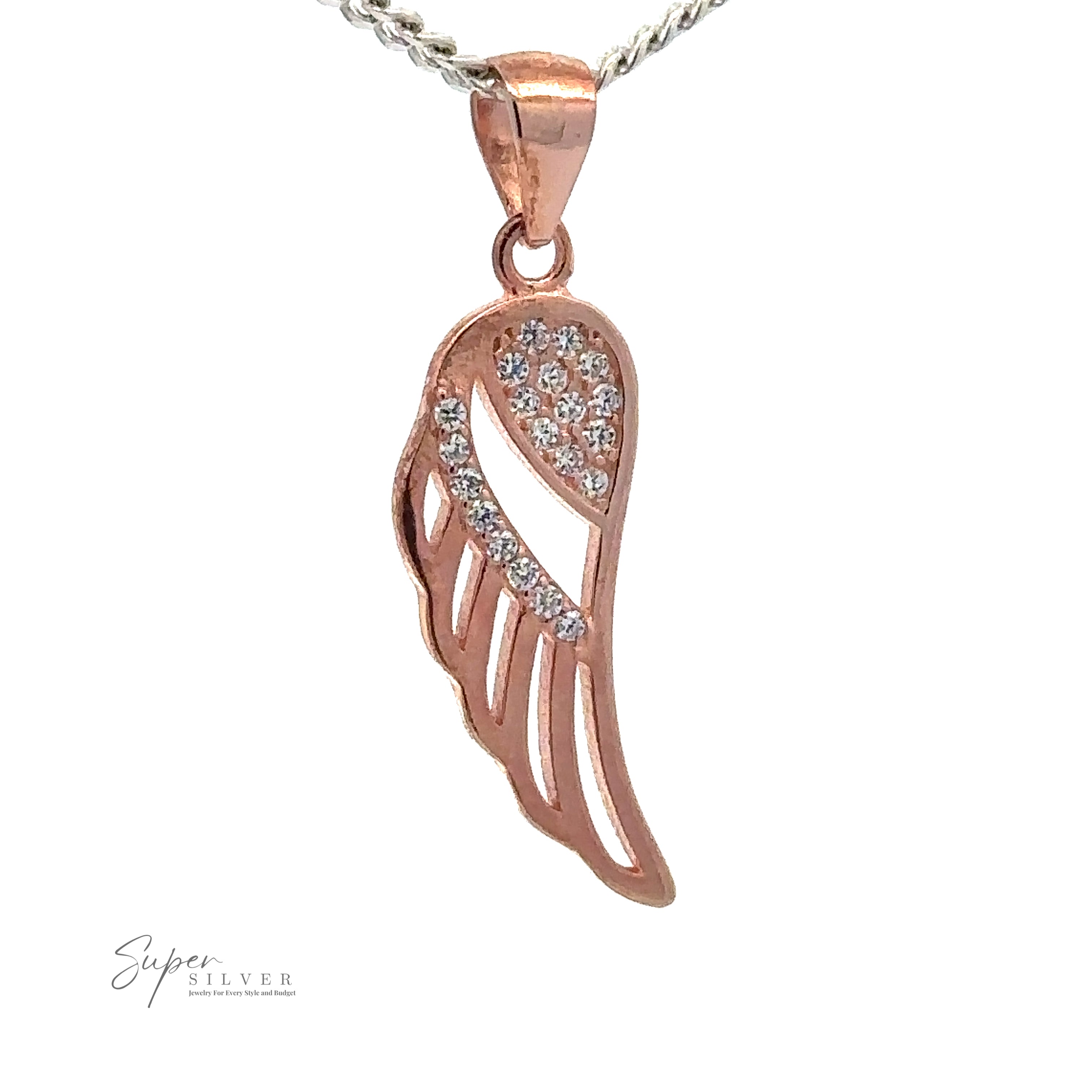 A Cubic Zirconia Feather Shaped Pendant, adorned with small cubic zirconia stones, hangs from a sterling silver chain. The words "Super Silver" are in the bottom left corner.