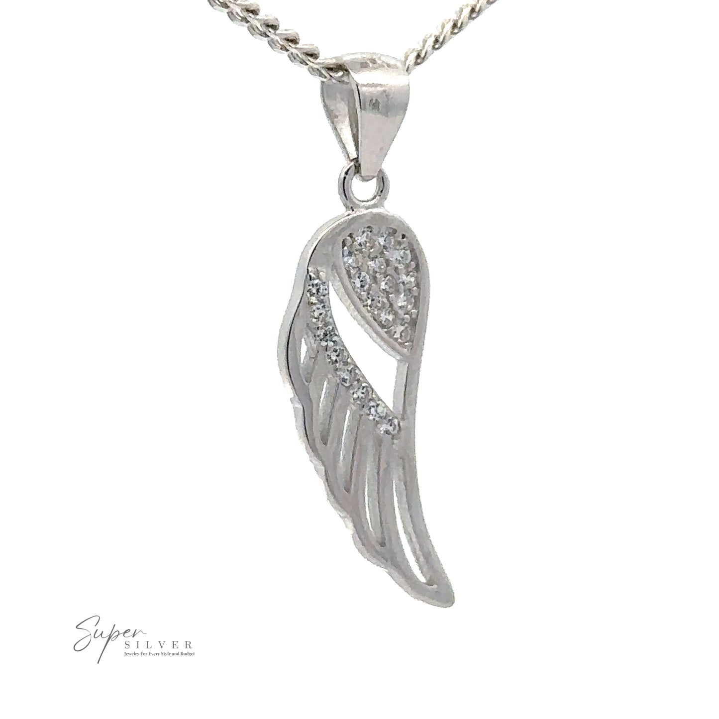 A Cubic Zirconia Feather Shaped Pendant, partially encrusted with cubic zirconia gemstones, displayed on a simple chain.