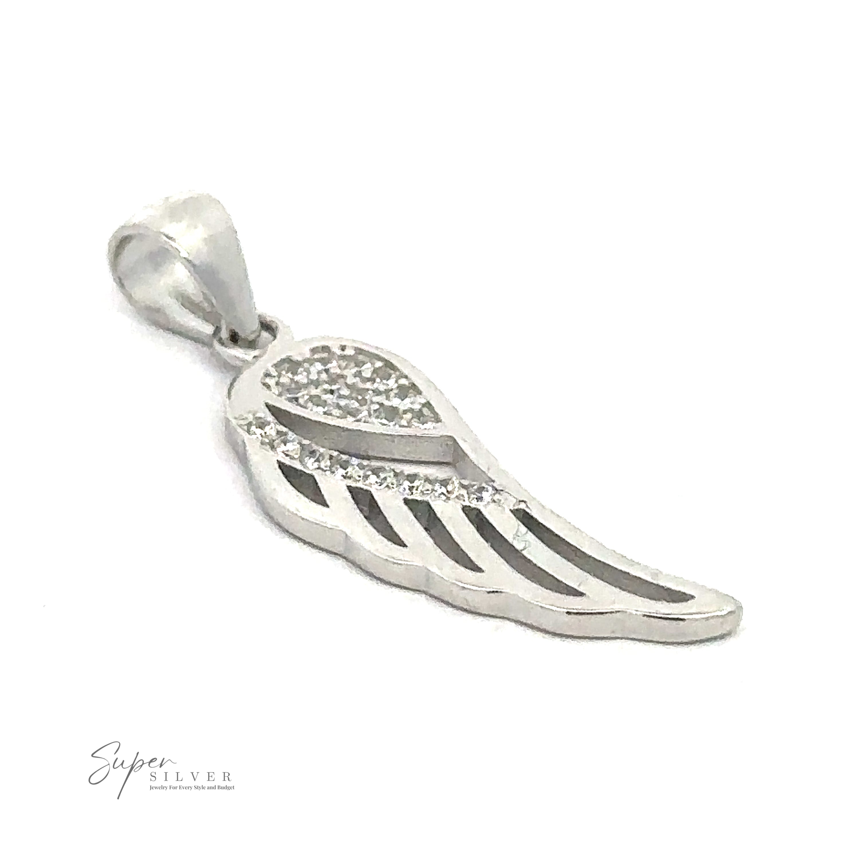 A Cubic Zirconia Feather Shaped Pendant with cubic zirconia details, elegantly resembling a feather. The text "Super Silver" is visible at the bottom left.
