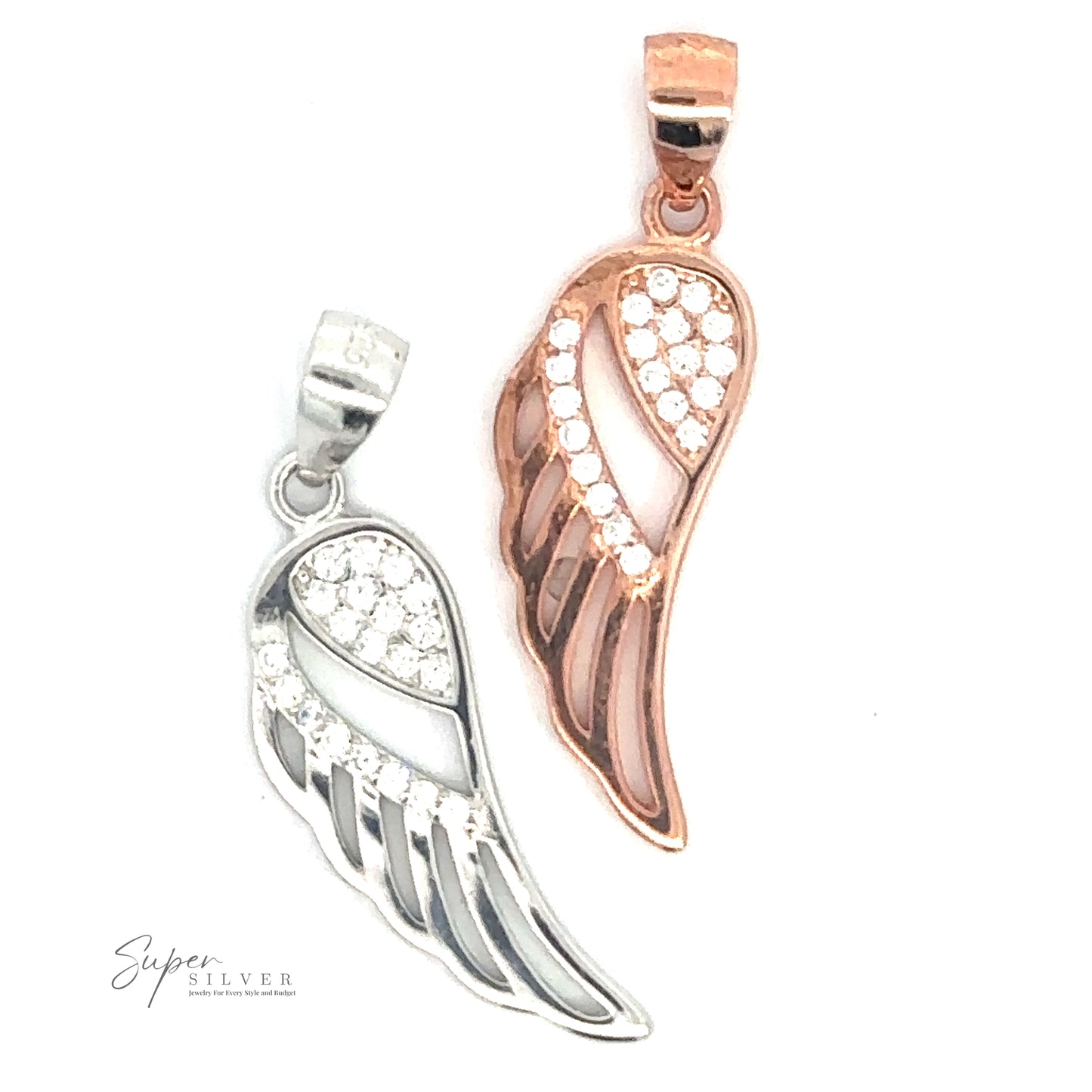 
                  
                    Two Cubic Zirconia Feather Shaped Pendants, one sterling silver with cubic zirconia and one rose gold with crystals, are displayed side by side. The pendants feature decorative cutouts and a loop at the top for hanging.
                  
                
